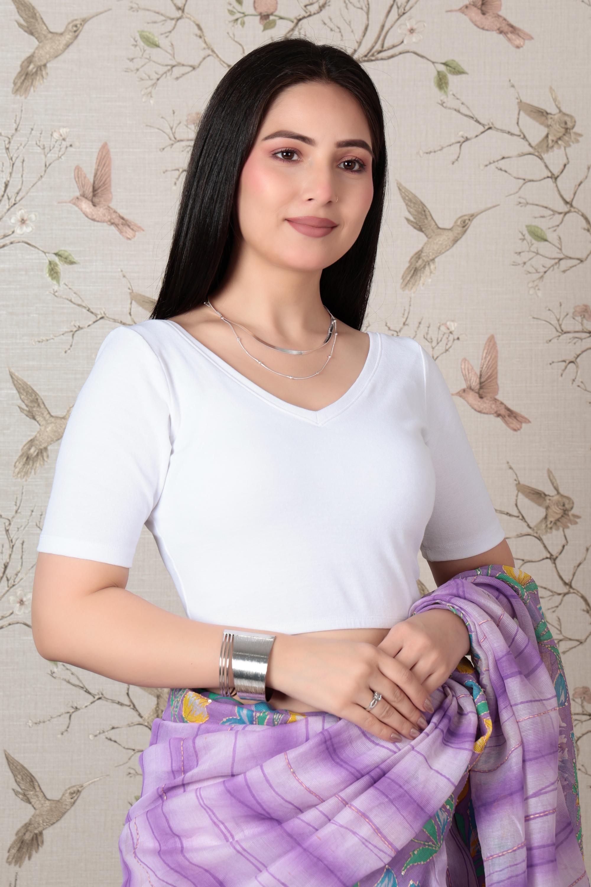 White Rib V Neck Half Sleeve Blouse [ 100% USA HQ Cotton, 280 GSM non transparent fabric ]