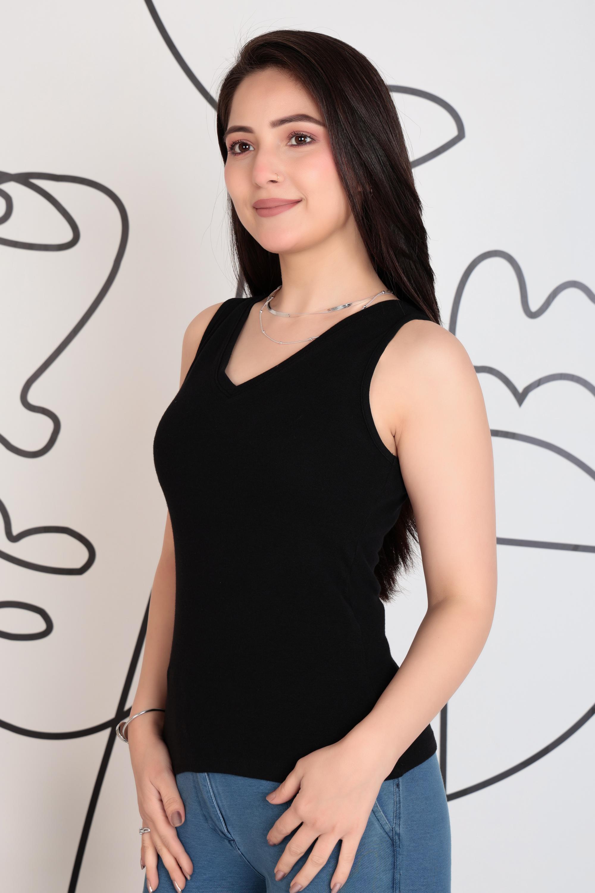 Black rib v-neck vest  [ 280 GSM non transparent fabric ]
