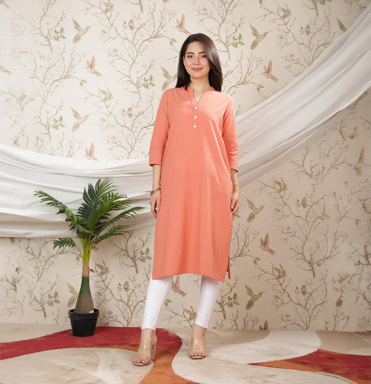 Peach 100% Premium Cotton Long Kurta