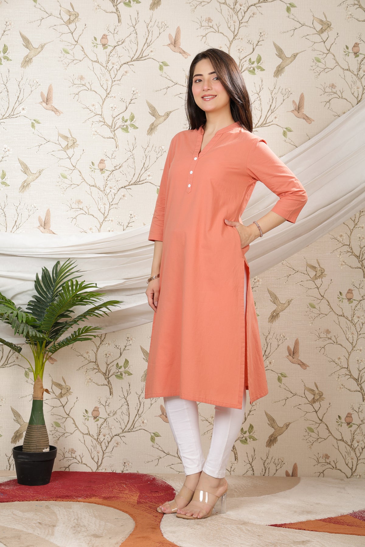 Peach 100% Premium Cotton Long Kurta
