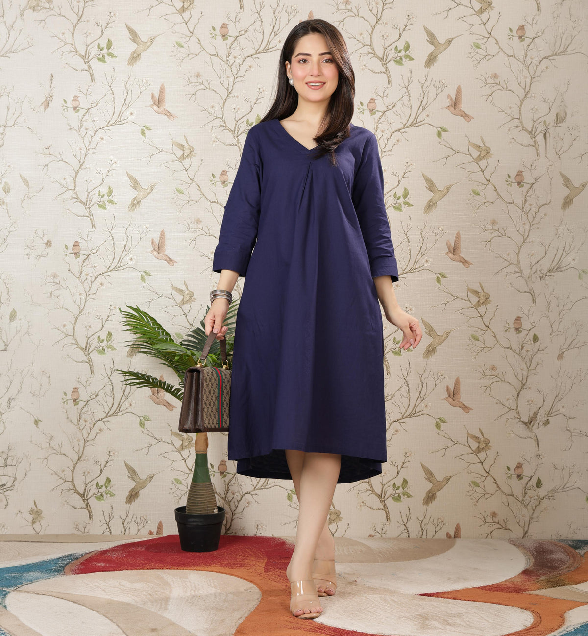 Navy v-neck pleated dress with sleeves [100% pure cotton]