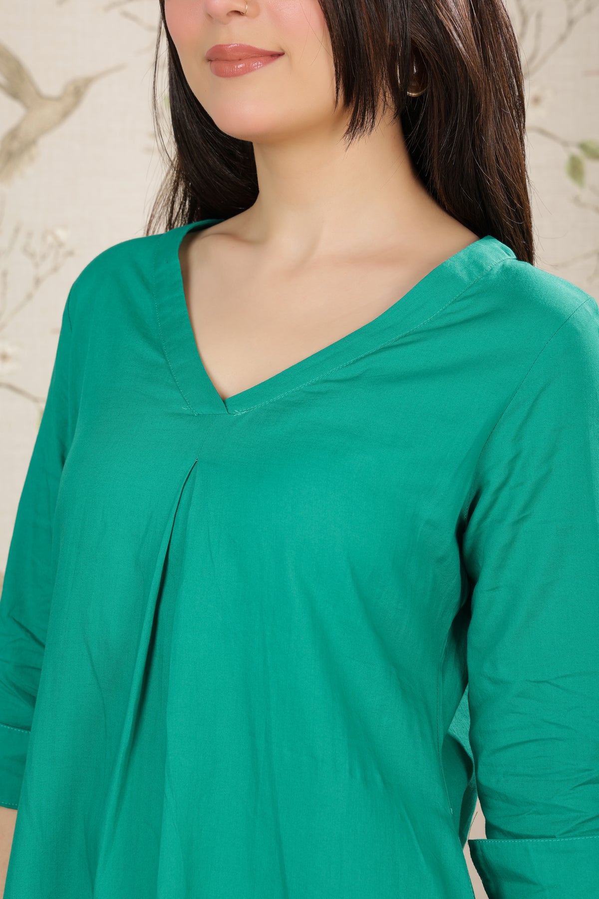Sea green v-neck pleated dress with sleeves [100% pure cotton]