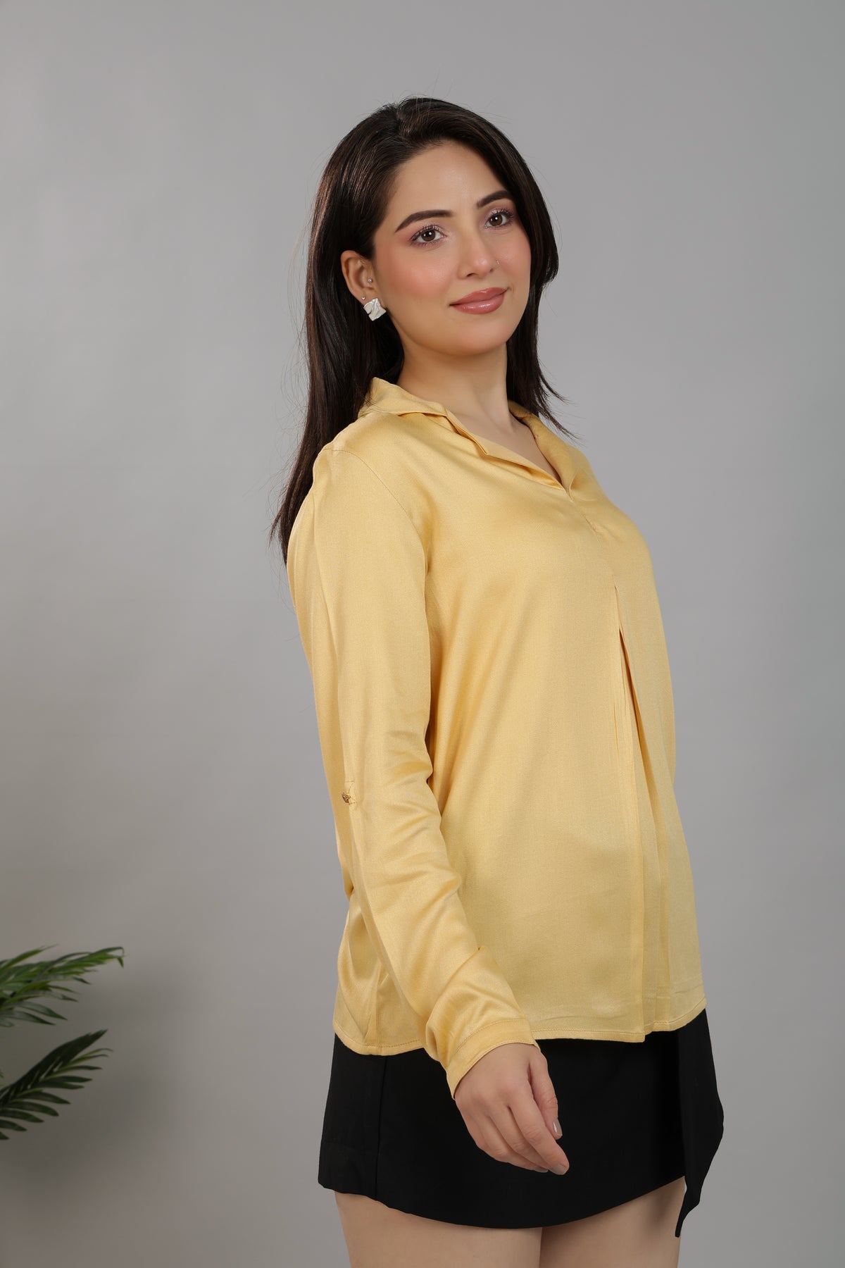 Beige Lapel collar satin top