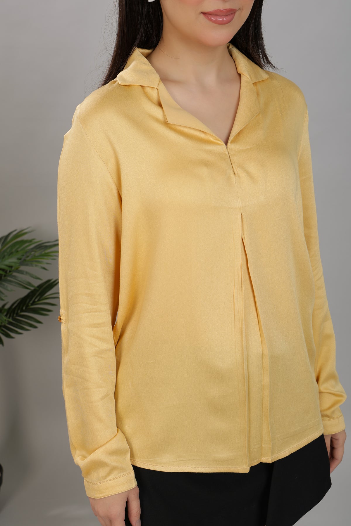 Beige Lapel collar satin top