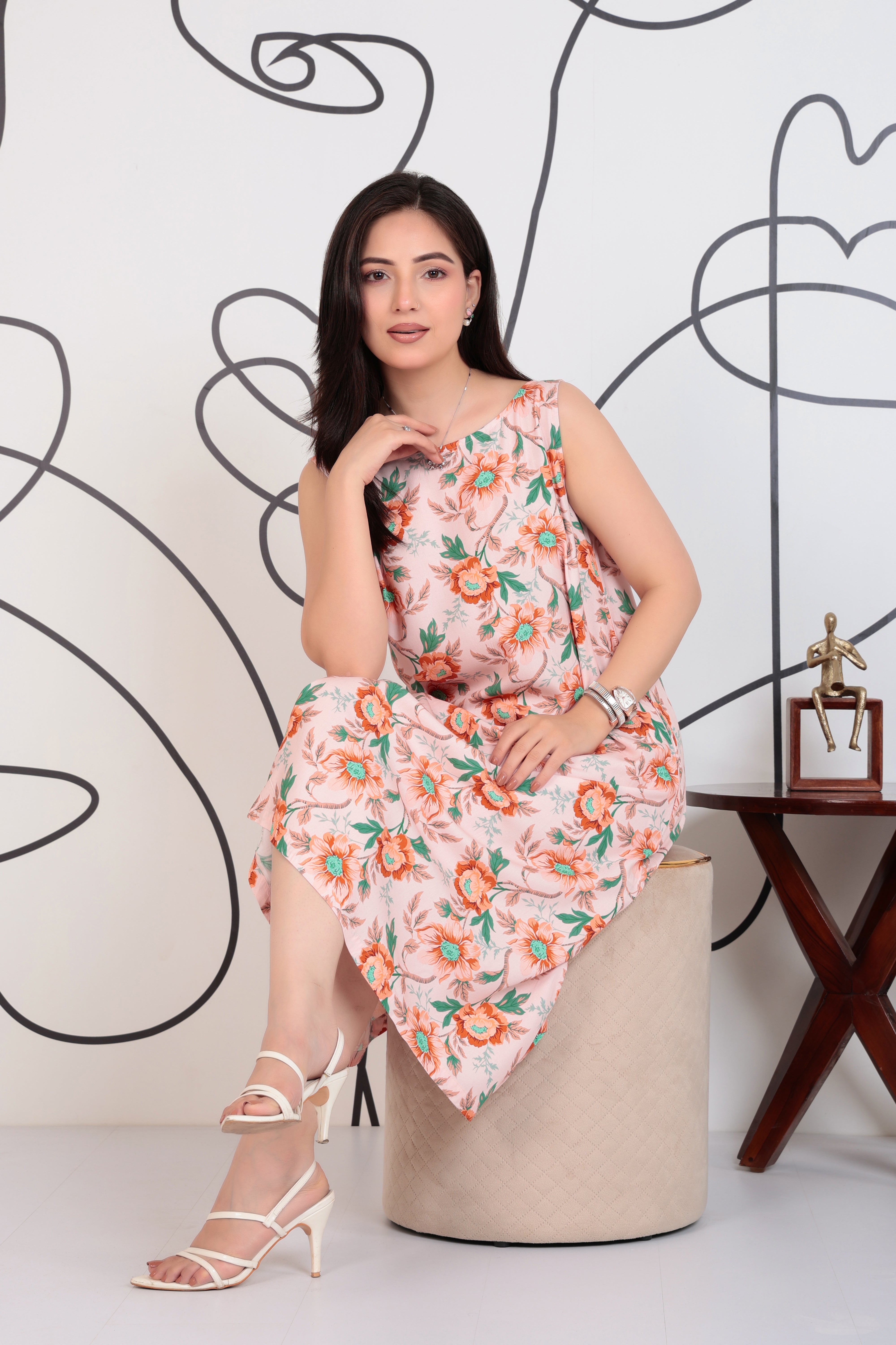 Peach rayon Printed Flare Dress [100% pure rayon]