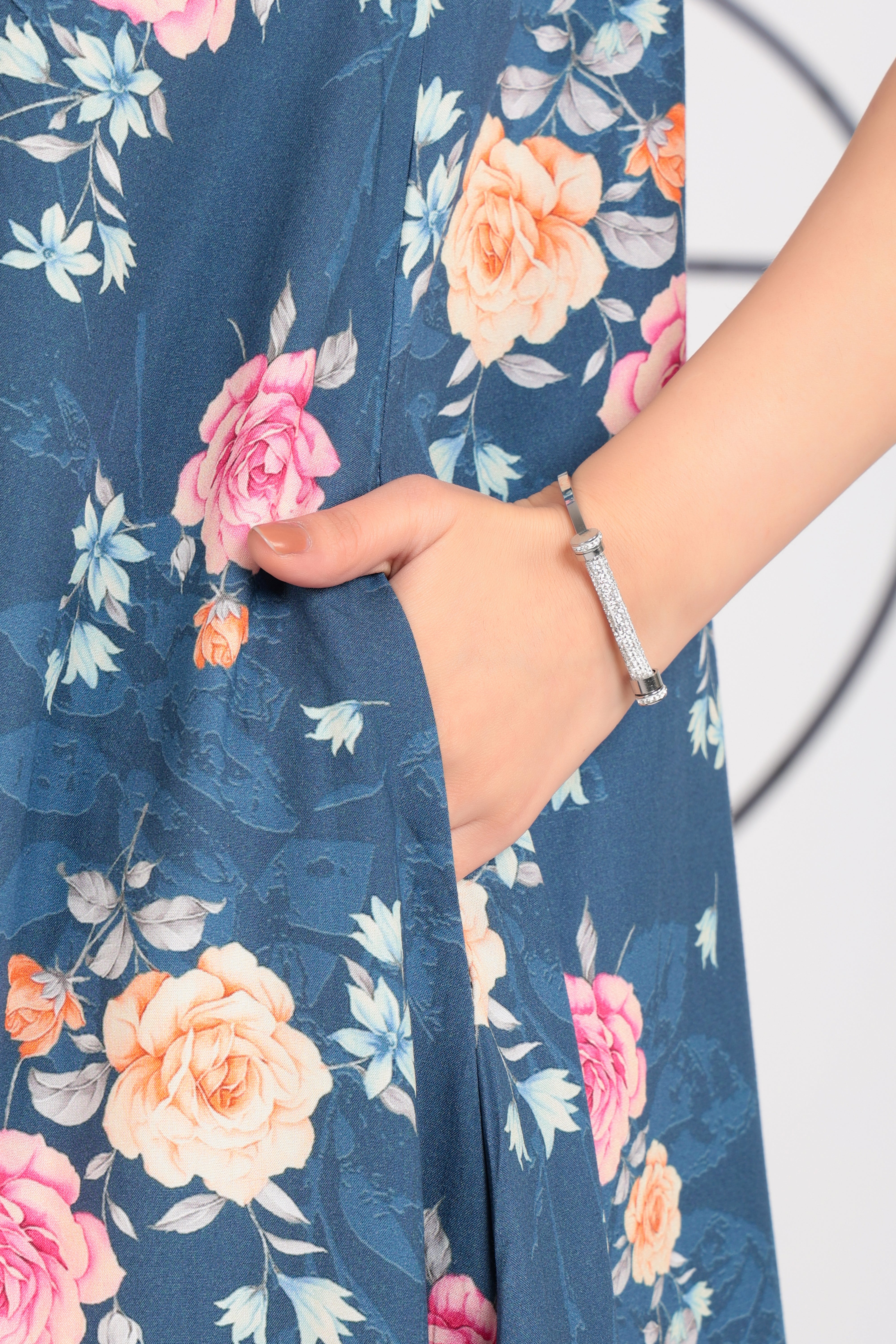 Navy rayon Printed Flare Dress [100% pure rayon ]