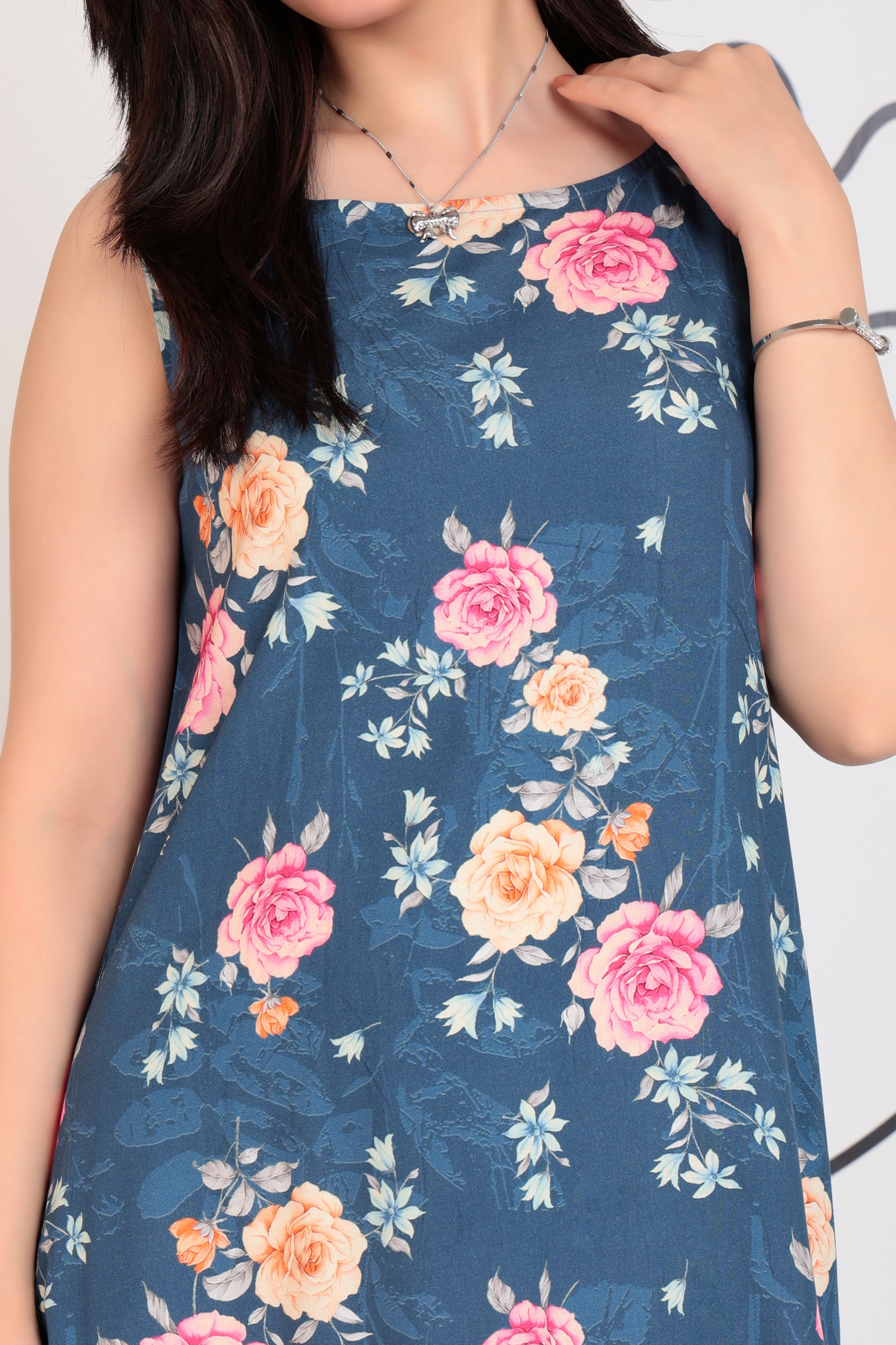 Navy rayon Printed Flare Dress [100% pure rayon ]