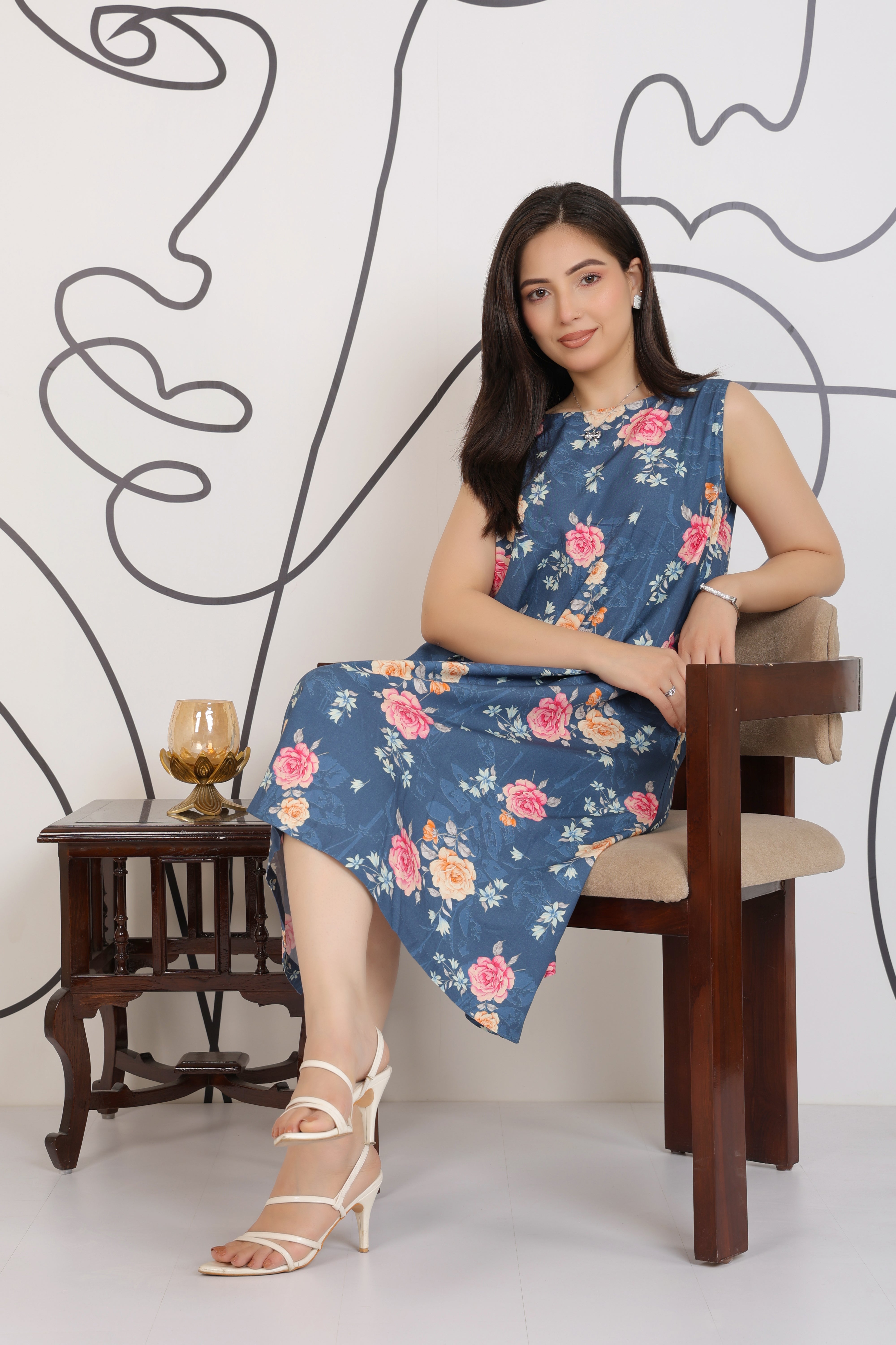 Navy rayon Printed Flare Dress [100% pure rayon ]