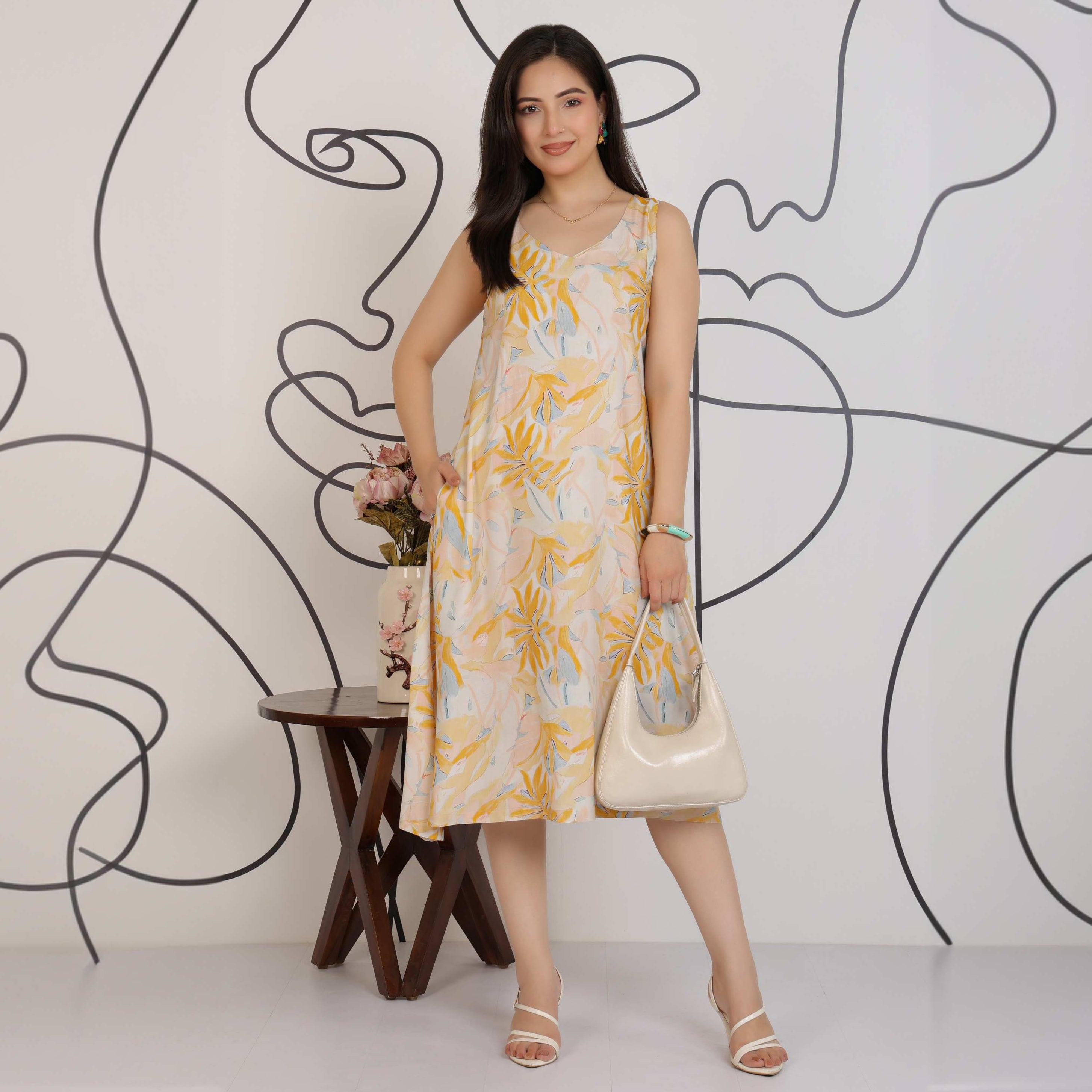 Yellow Cotton A Line Printed Dress [100% pure rayon]