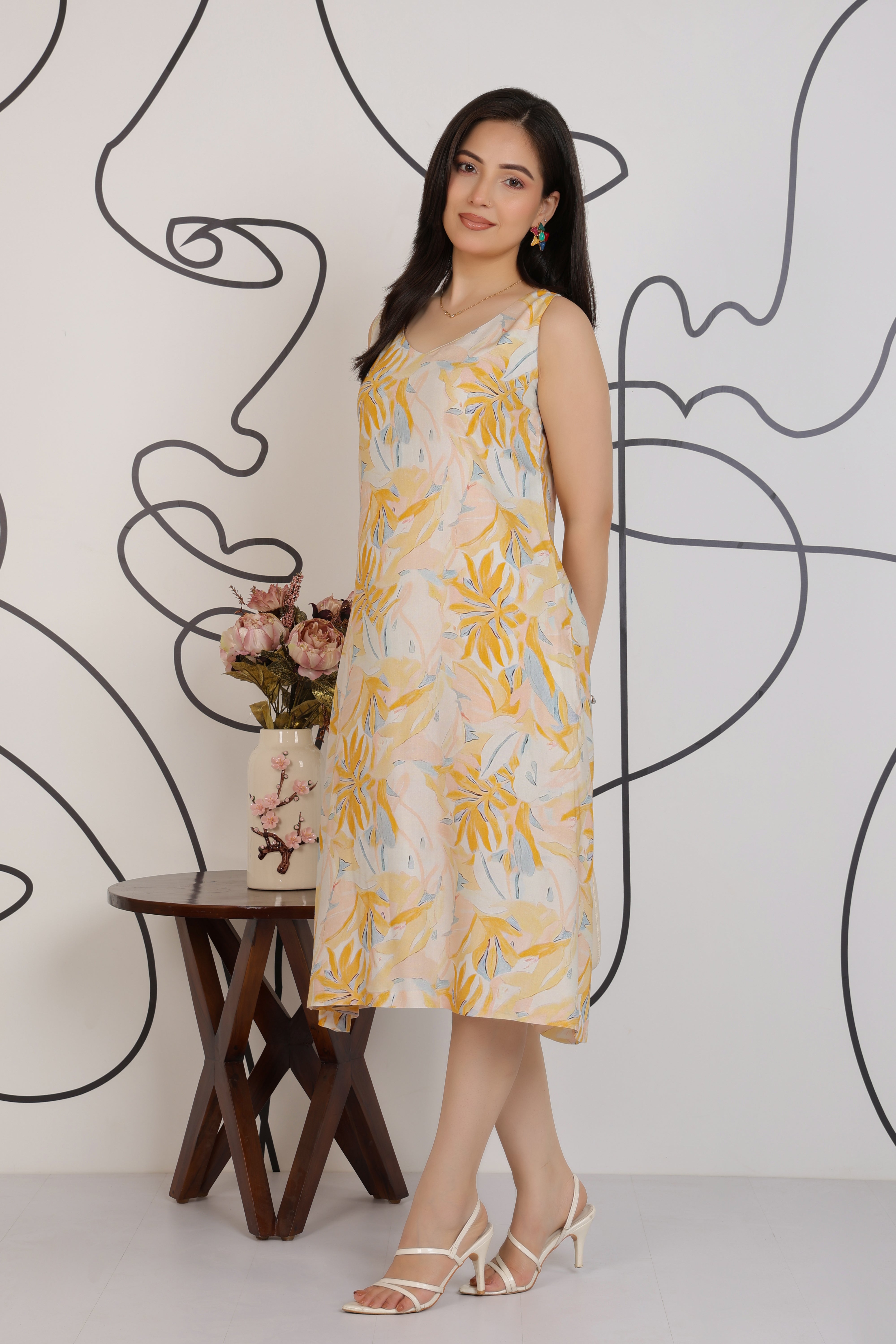 Yellow Cotton A Line Printed Dress [100% pure rayon]
