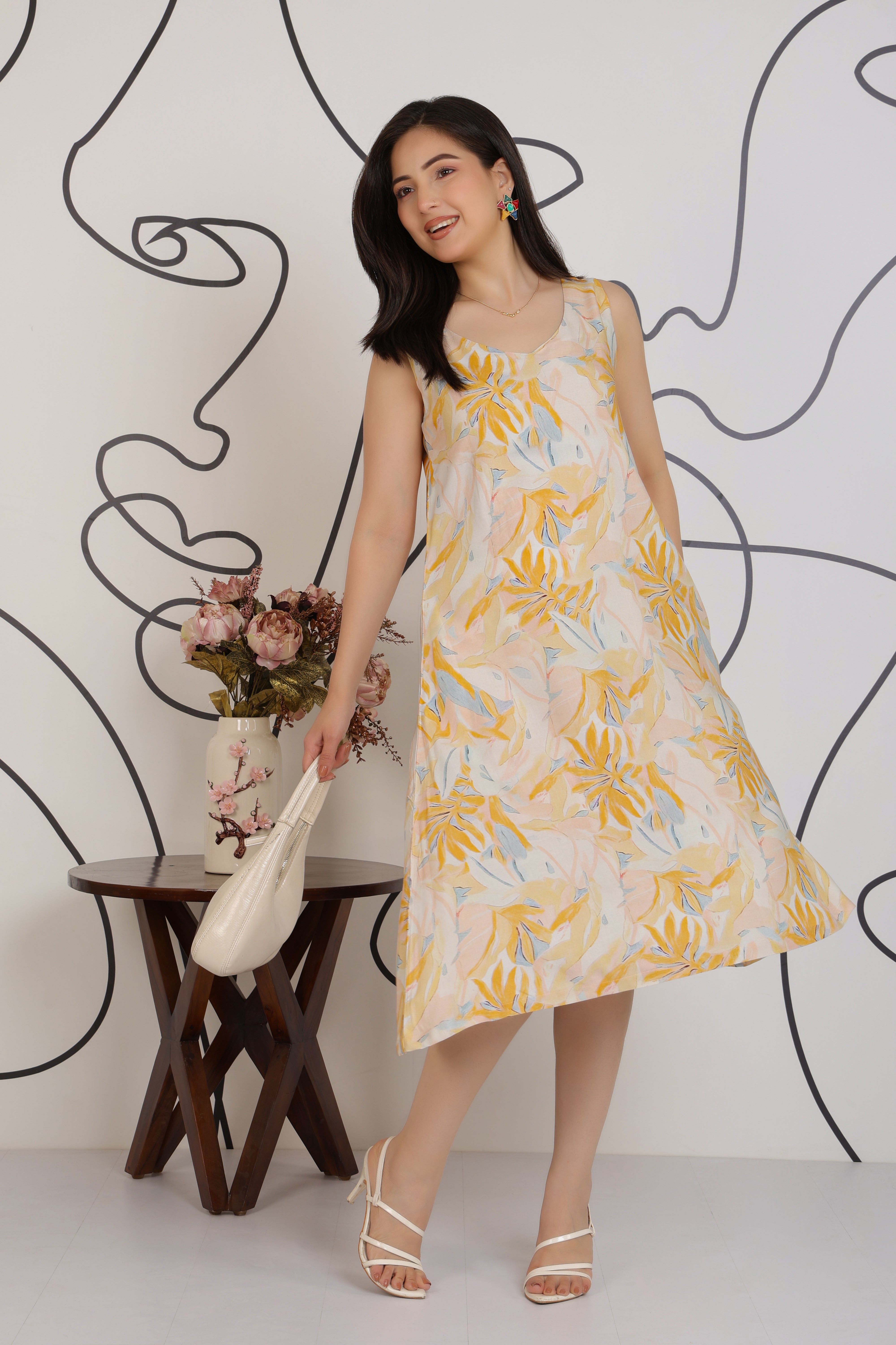 Yellow Cotton A Line Printed Dress [100% pure rayon]