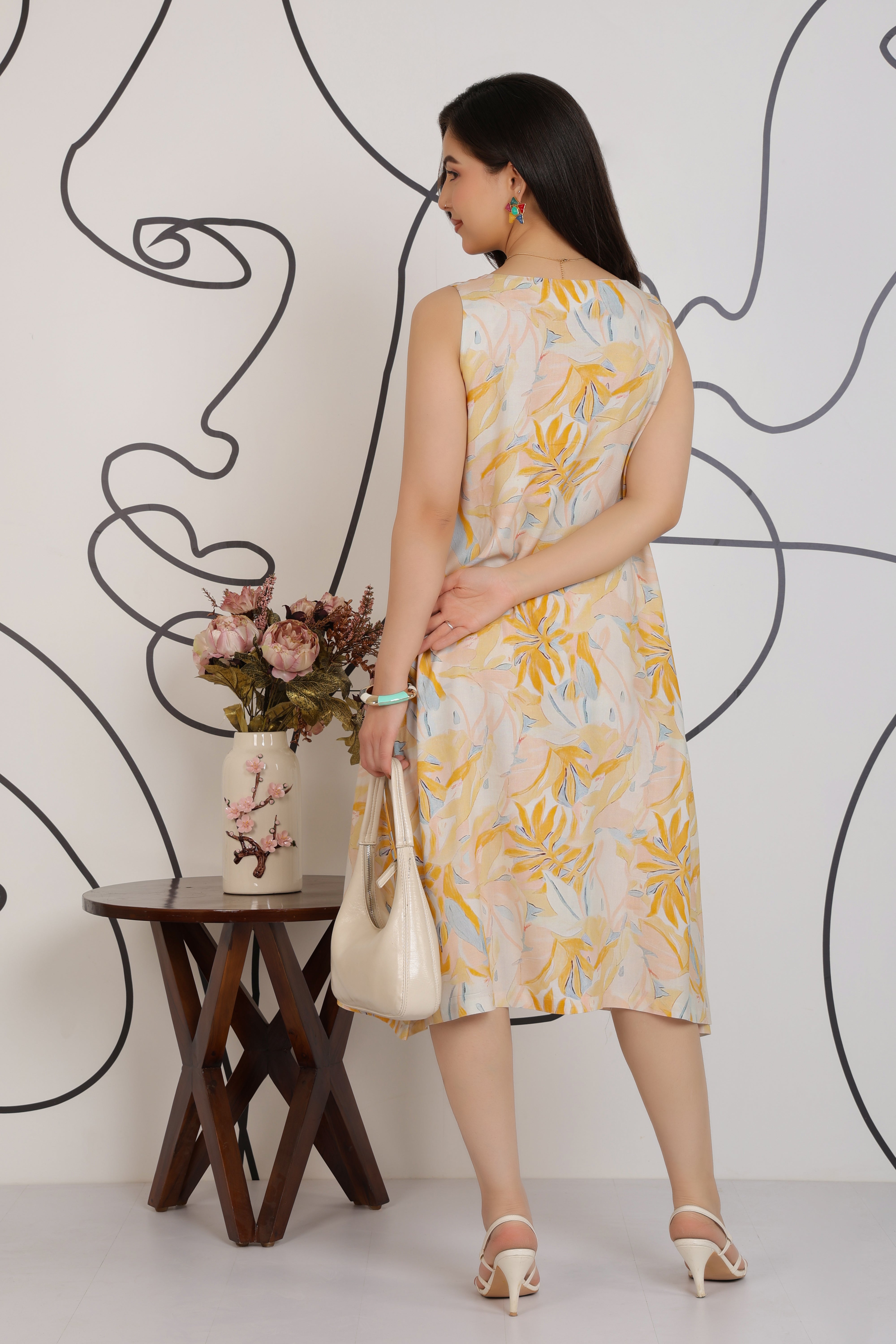 Yellow Cotton A Line Printed Dress [100% pure rayon]