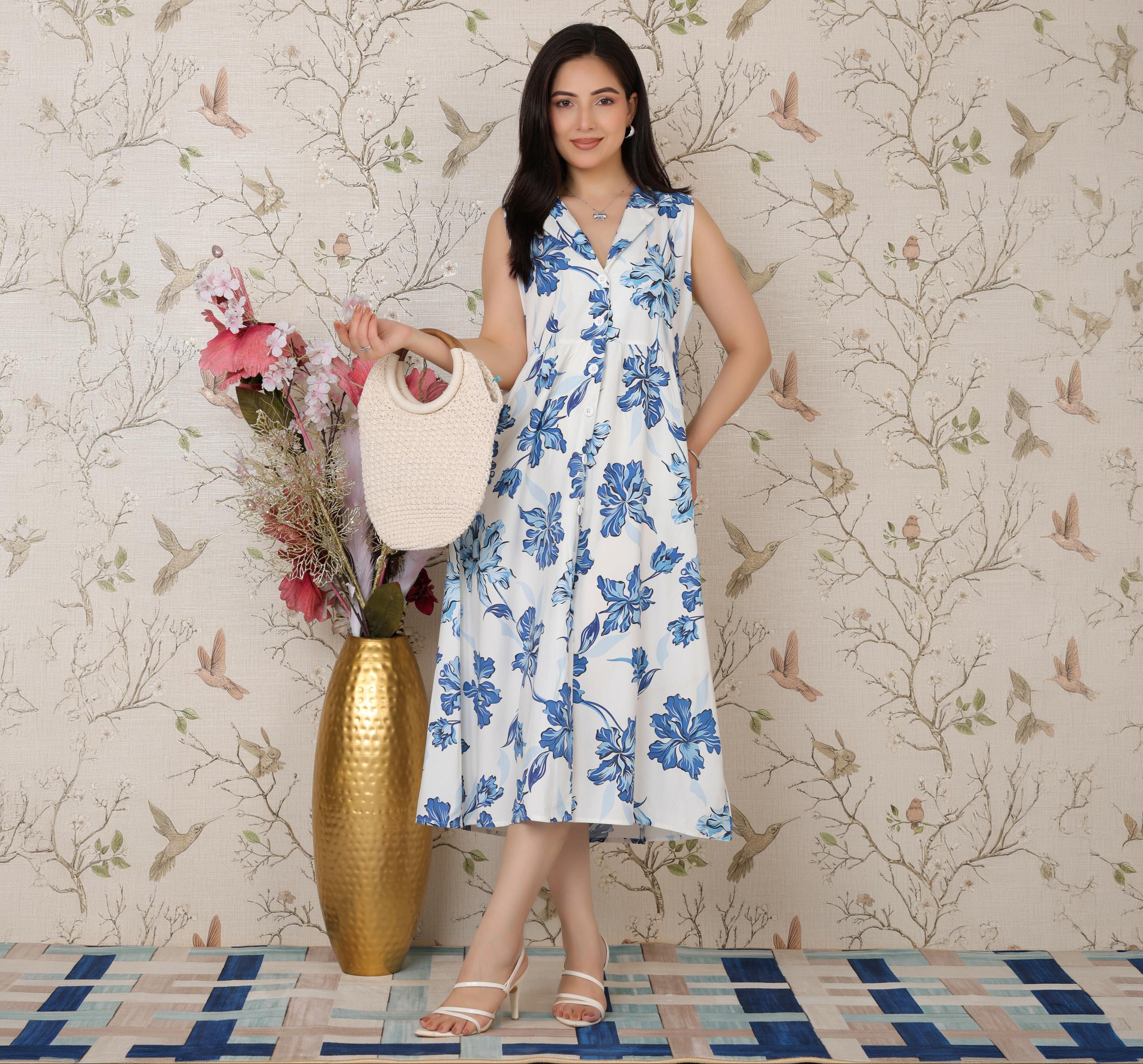 White Blue Floral Breeze Shirt Dress [100% pure rayon]
