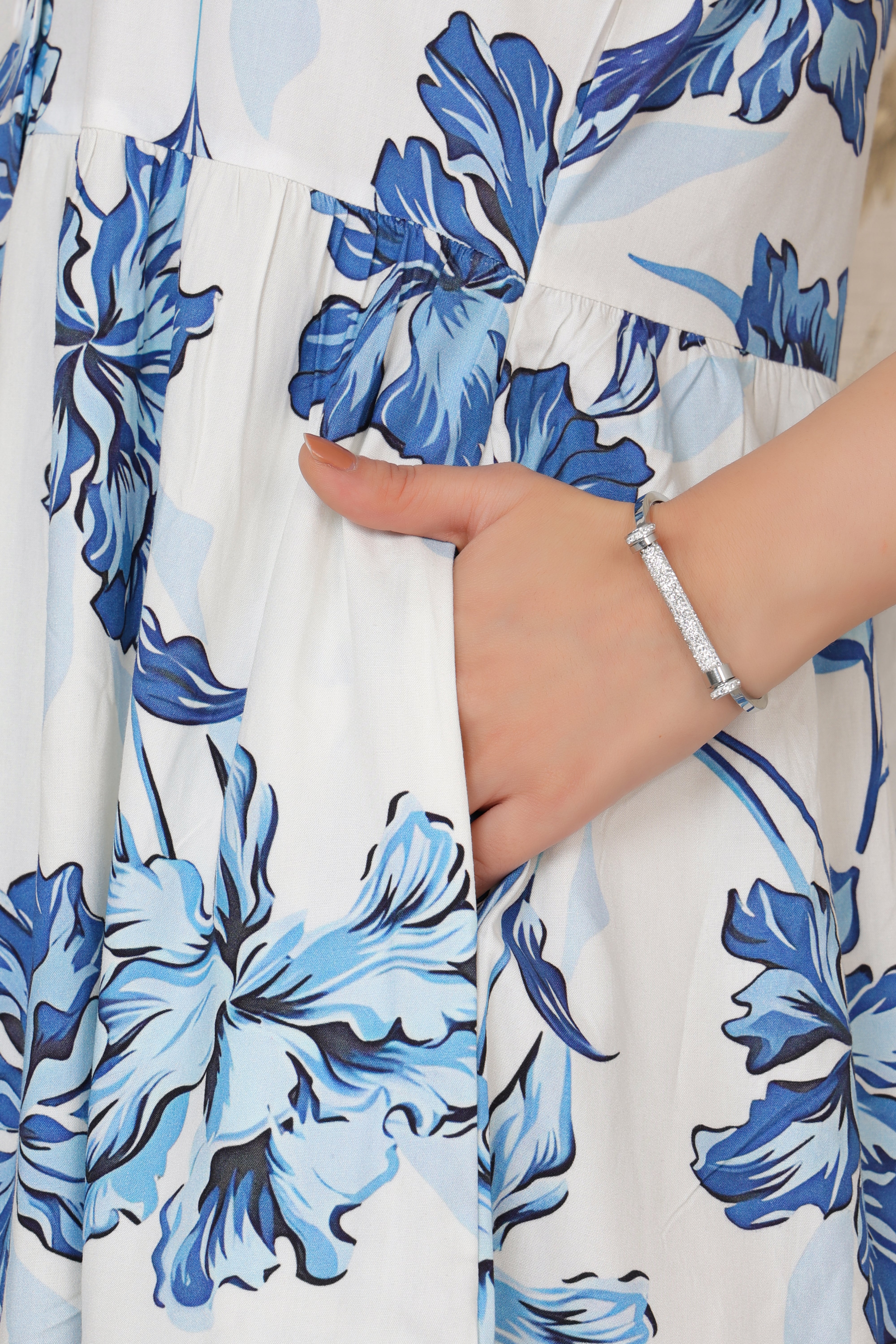 White Blue Floral Breeze Shirt Dress [100% pure rayon]