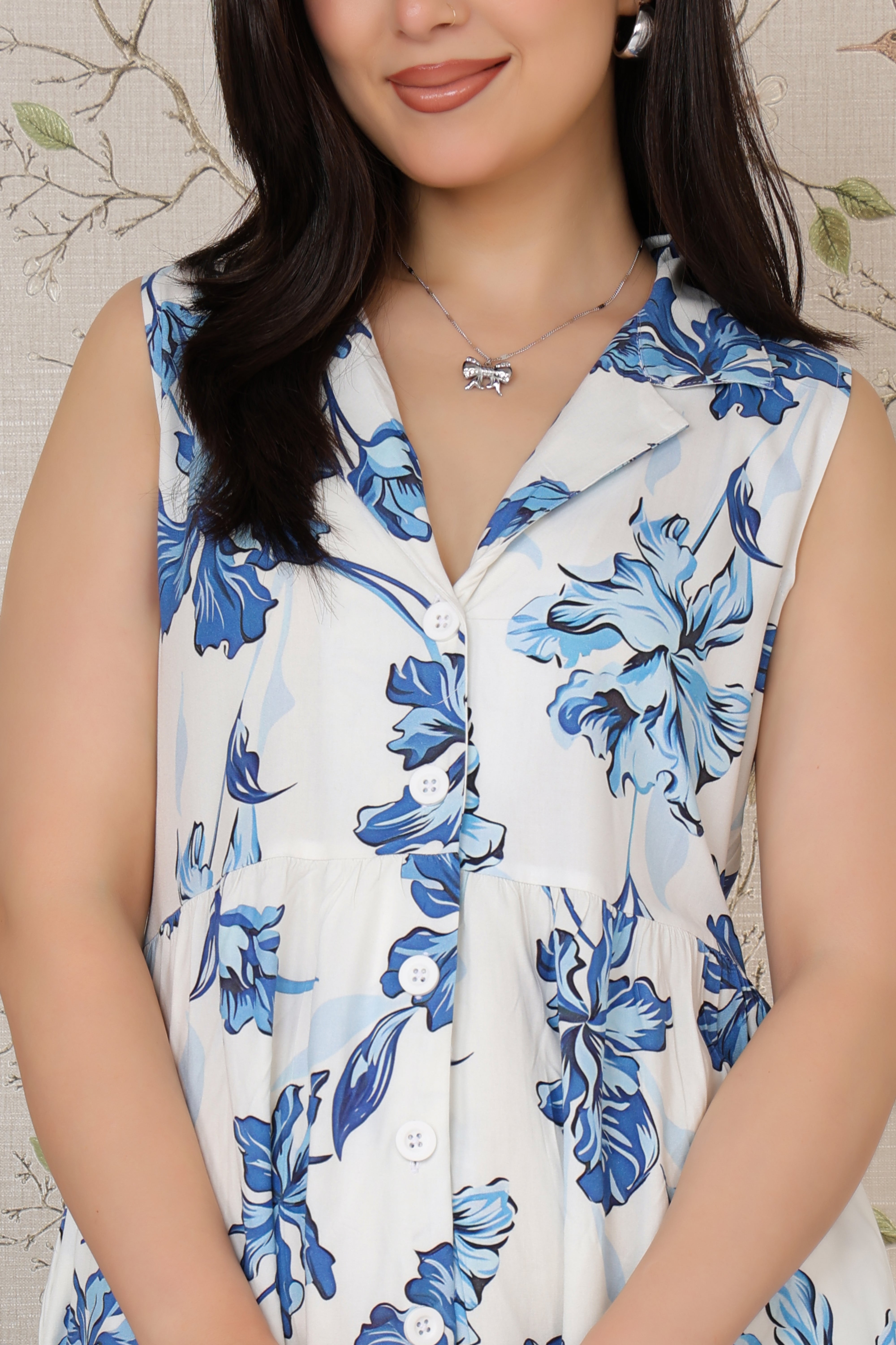 White Blue Floral Breeze Shirt Dress [100% pure rayon]