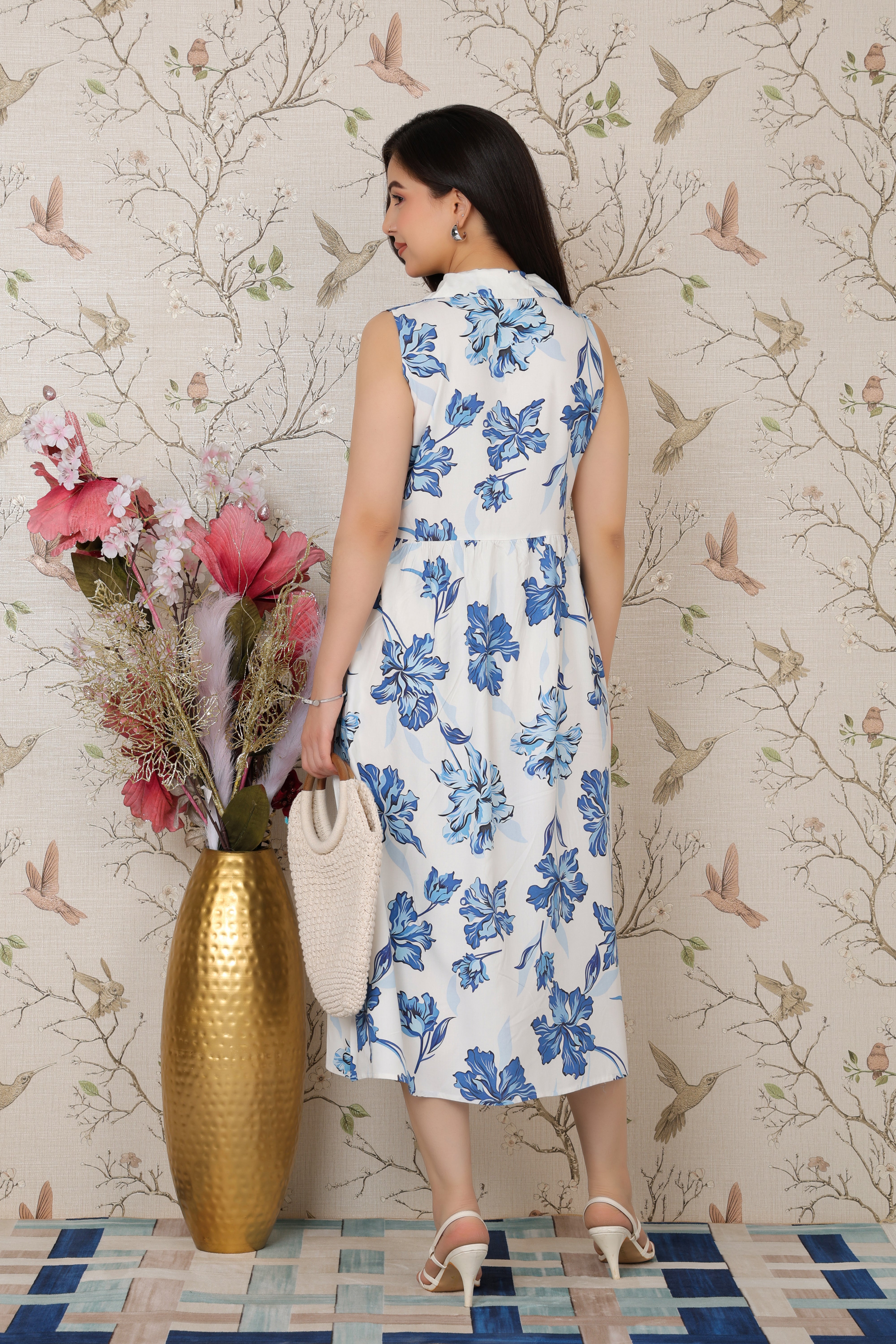 White Blue Floral Breeze Shirt Dress [100% pure rayon]