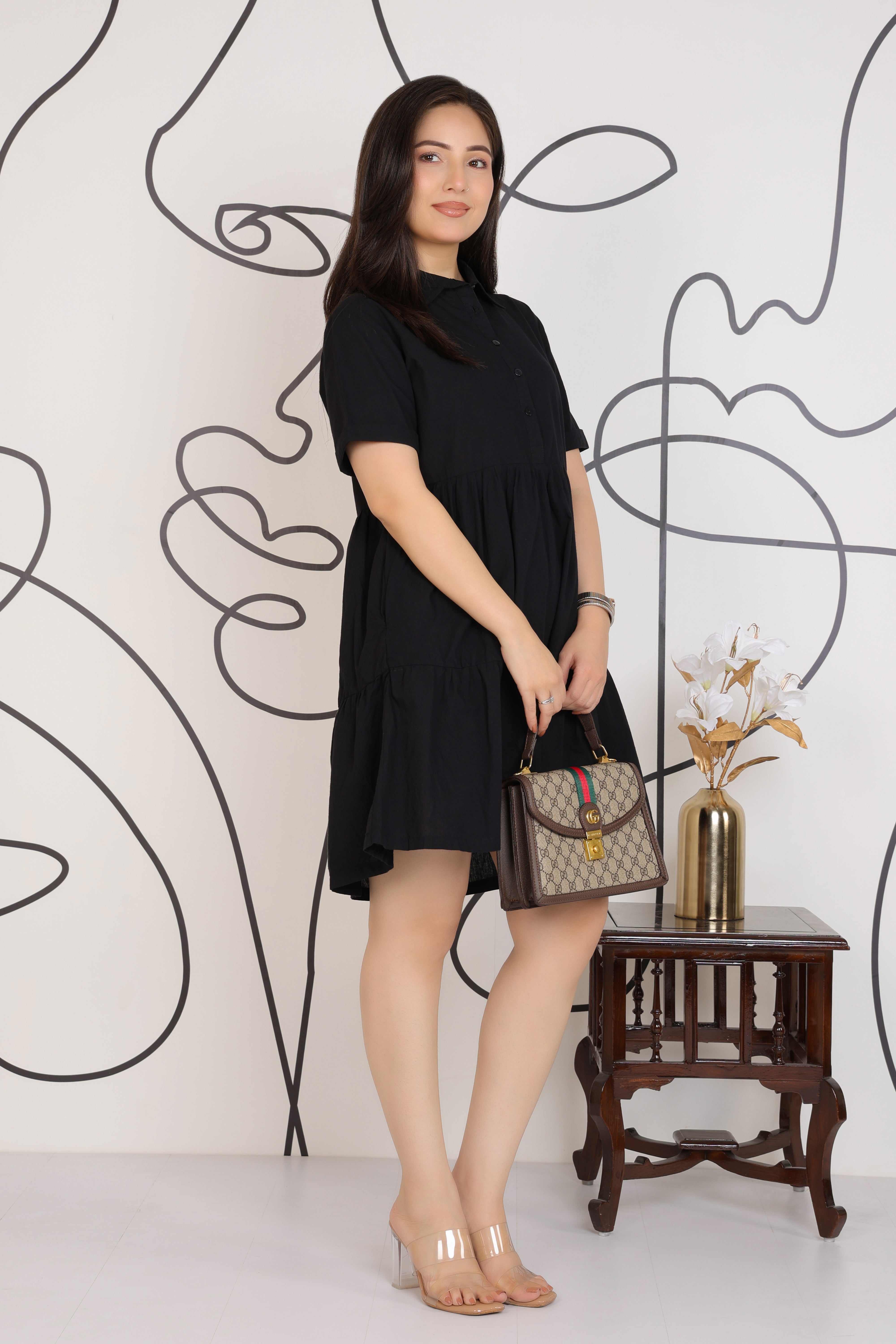 Black collar flare dress [100% pure cotton]
