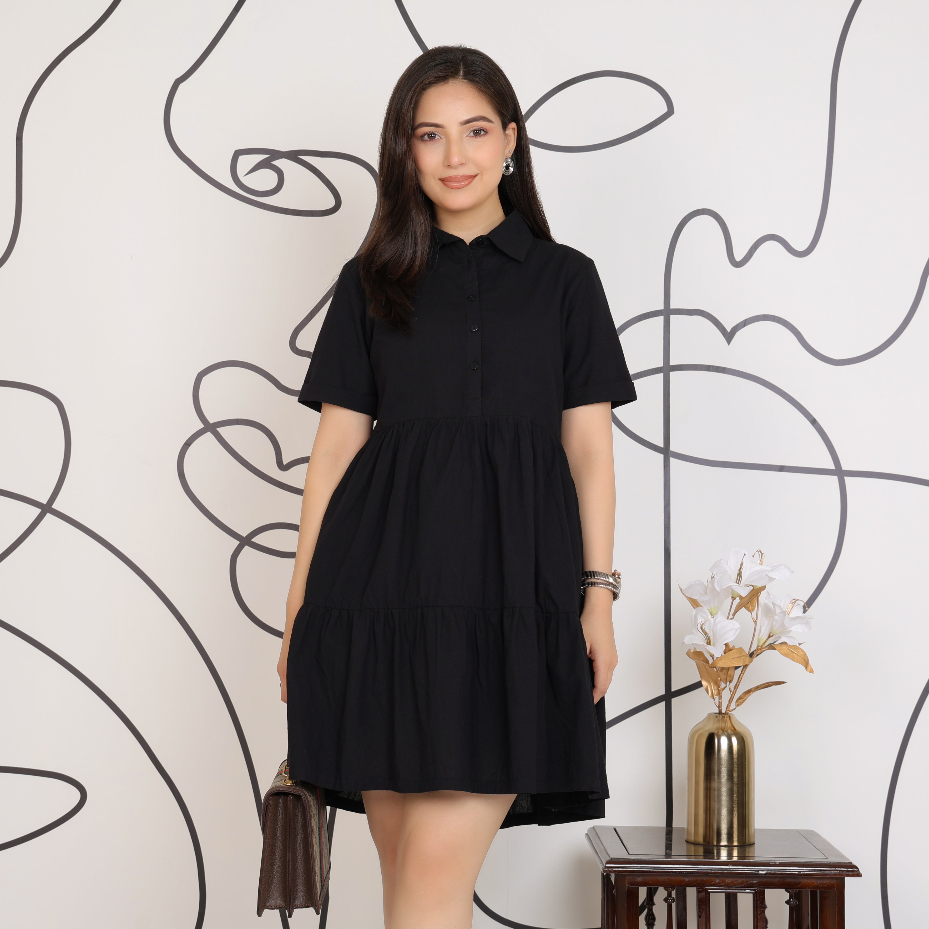 Black collar flare dress [100% pure cotton]
