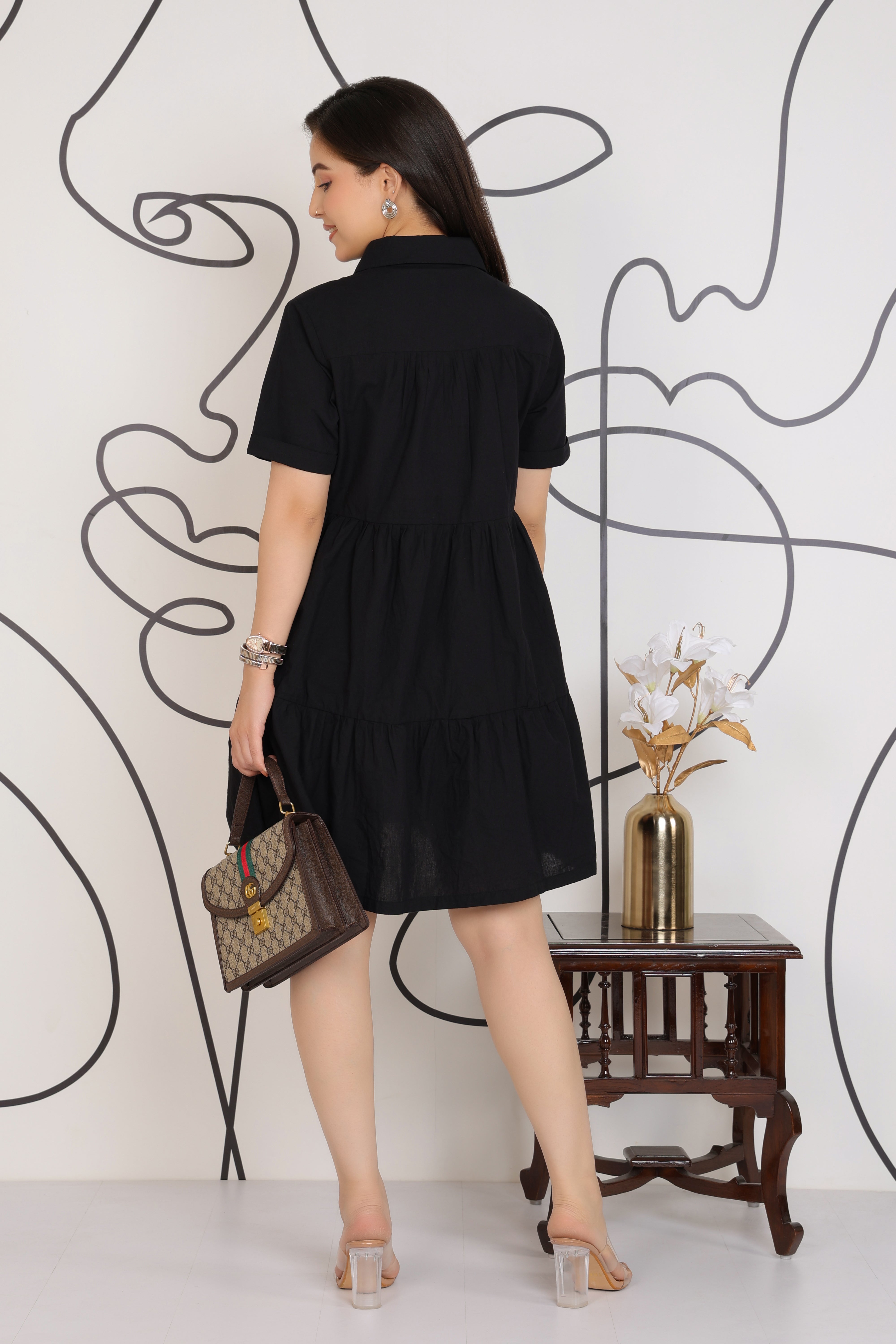 Black collar flare dress [100% pure cotton]