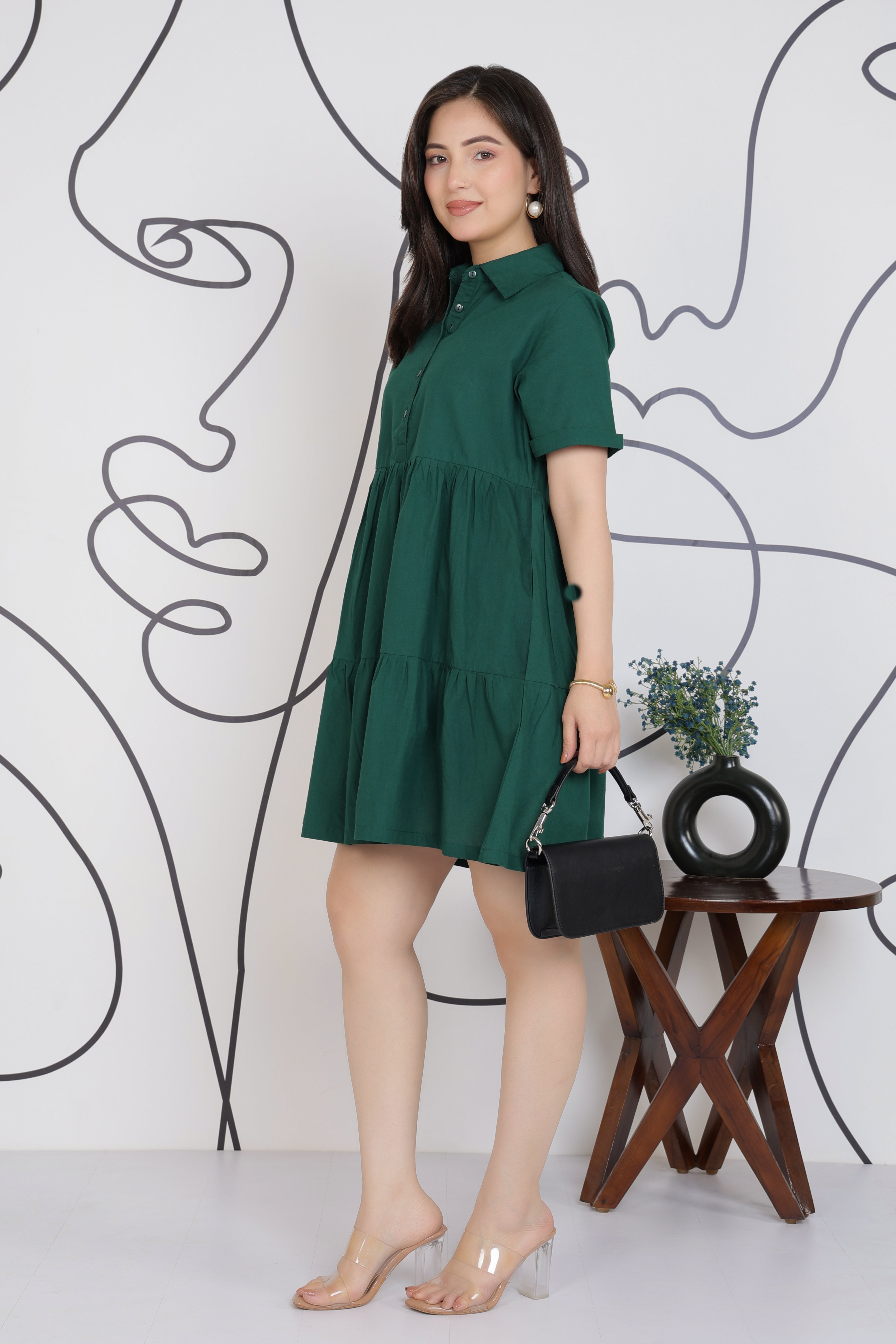 Bottlegreen collar flare dress [100% pure cotton]