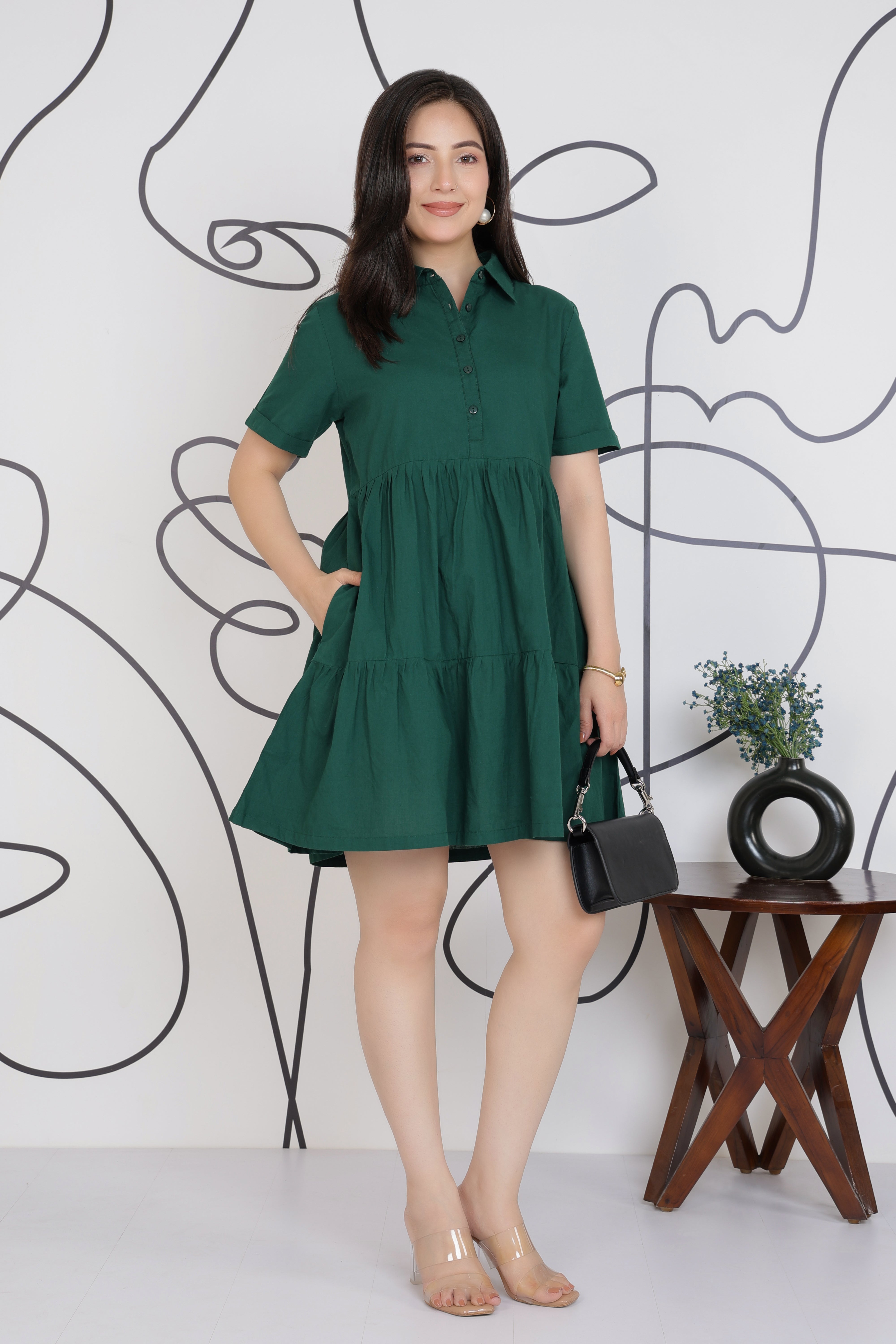 Bottlegreen collar flare dress [100% pure cotton]