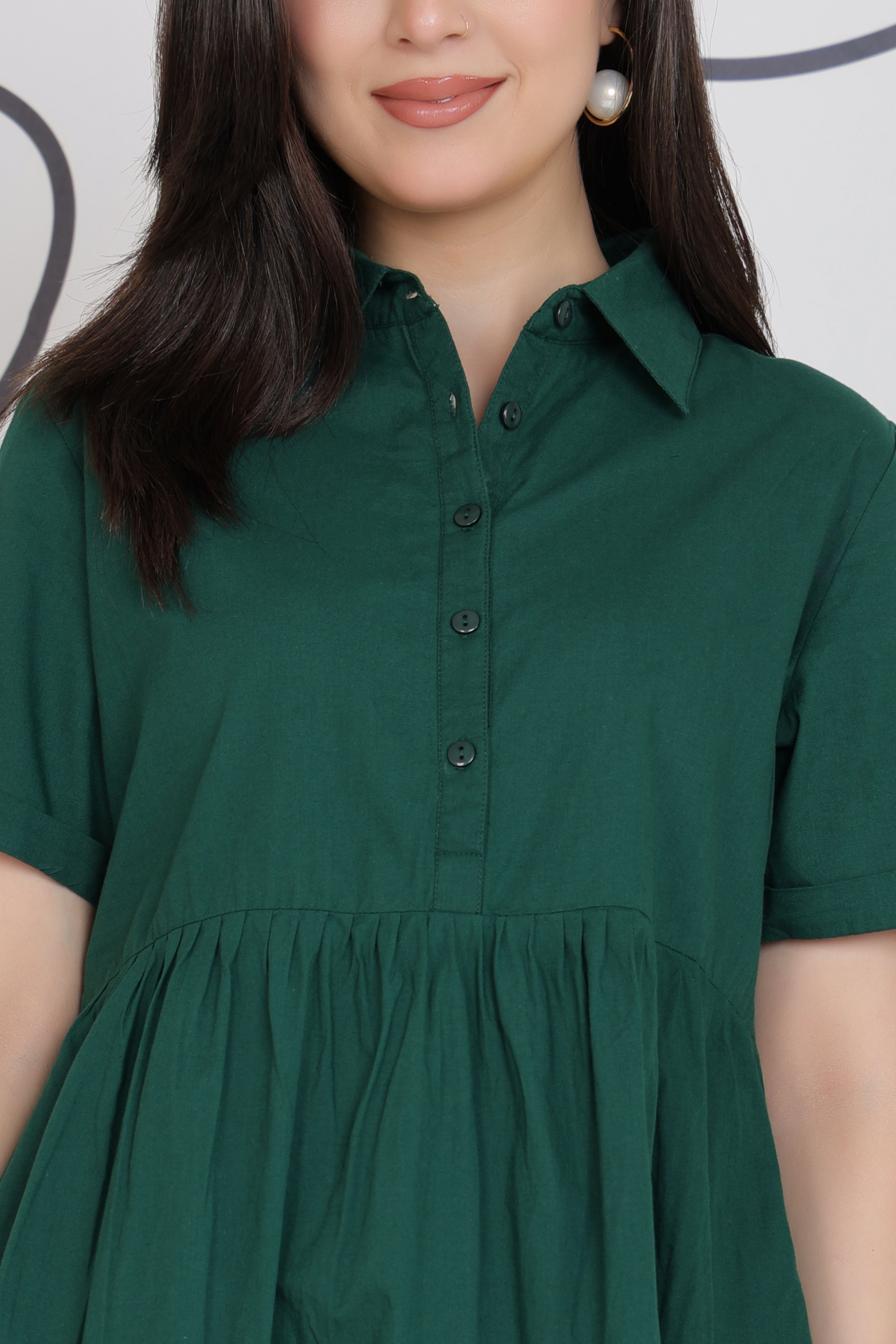 Bottlegreen collar flare dress [100% pure cotton]