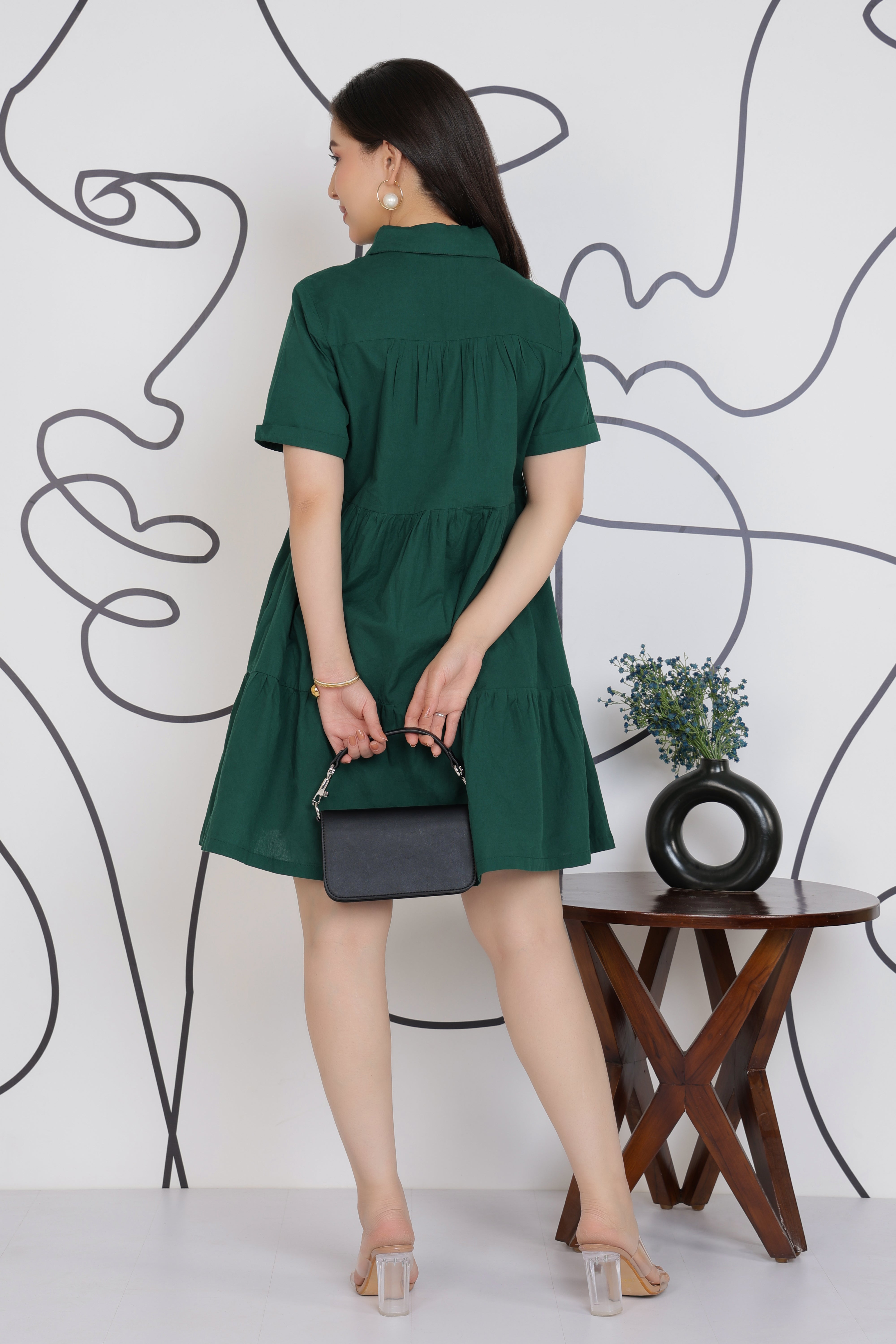 Bottlegreen collar flare dress [100% pure cotton]