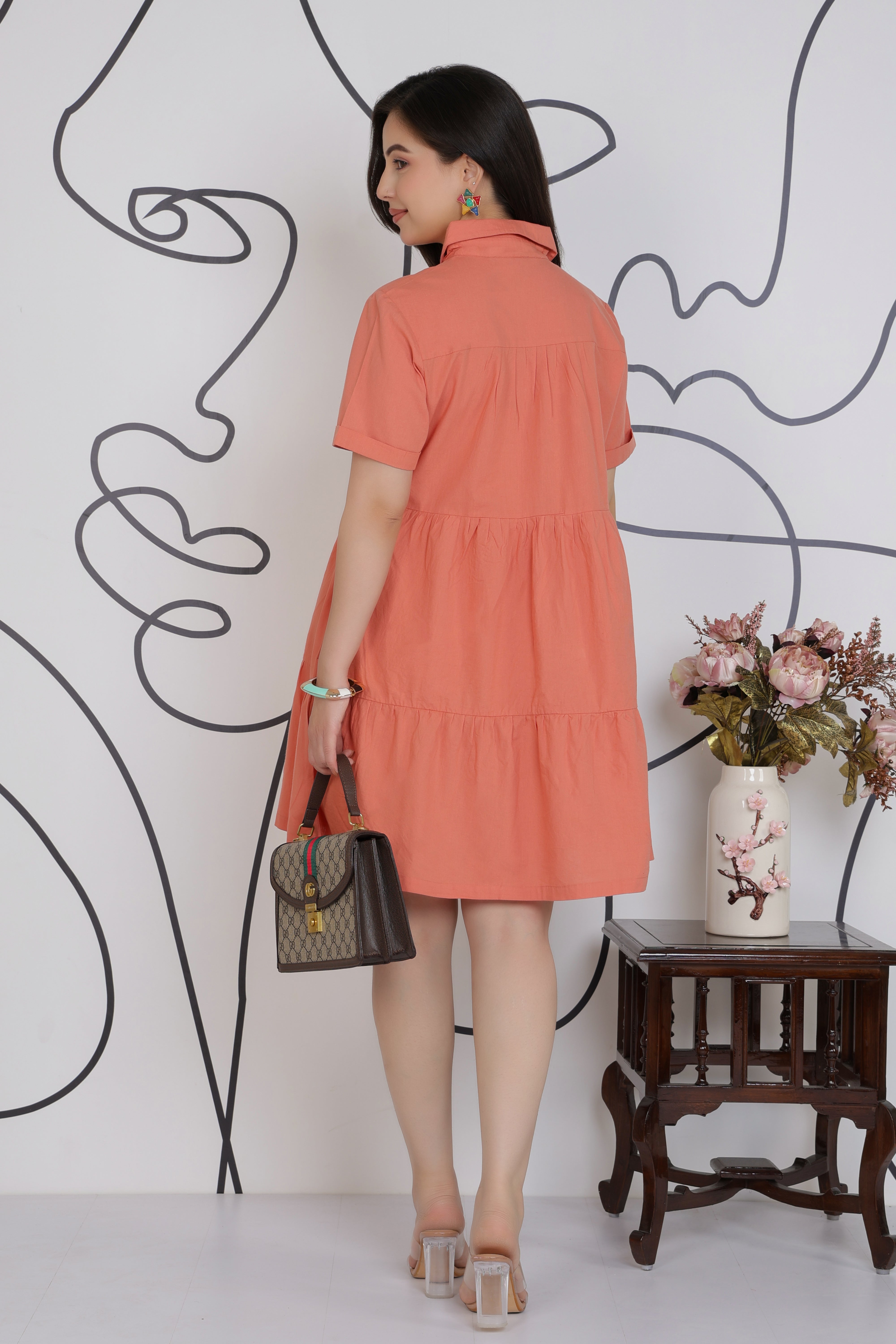 Peach collar flare dress [100% pure cotton]