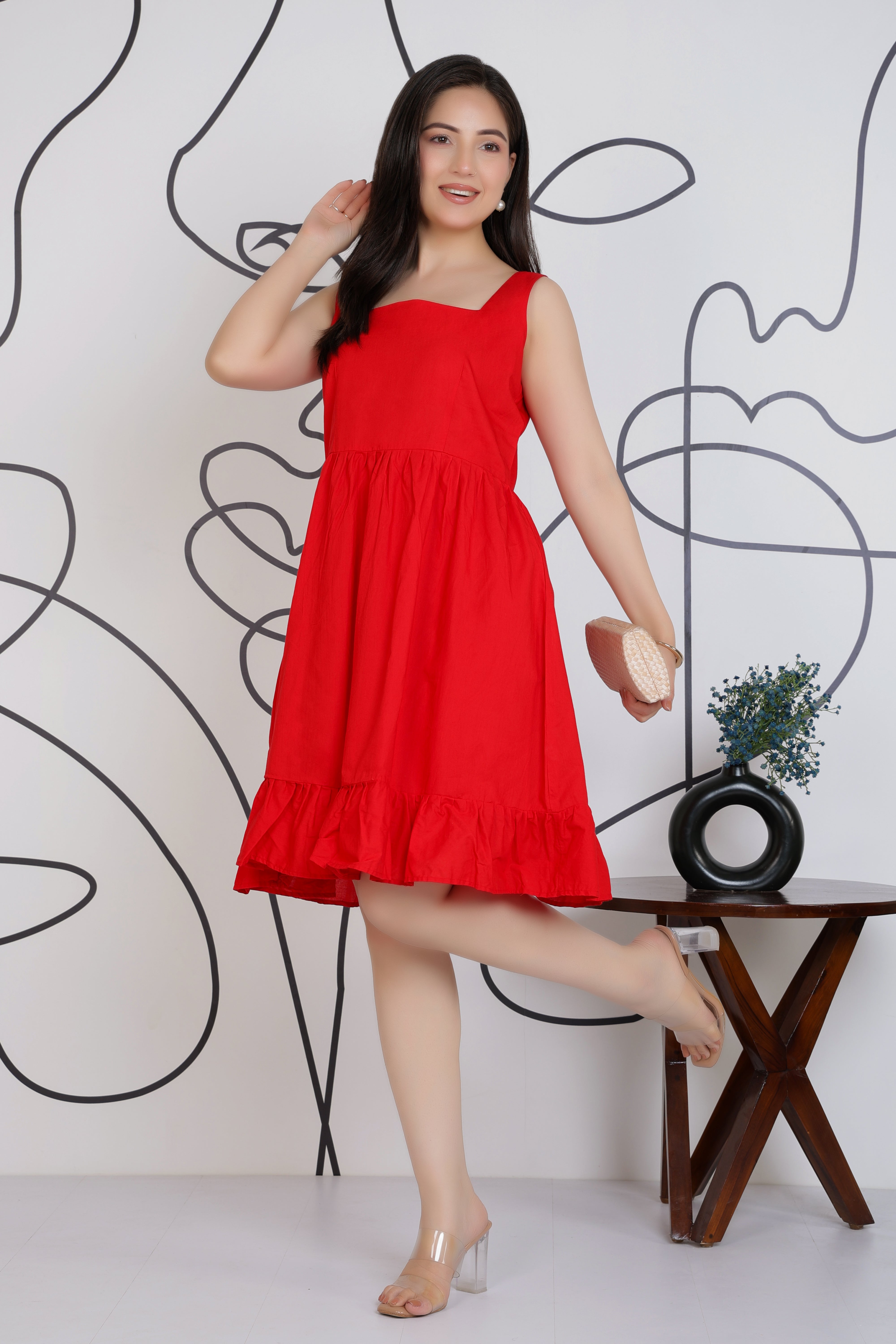 Red square neck strap dress [100% pure cotton]