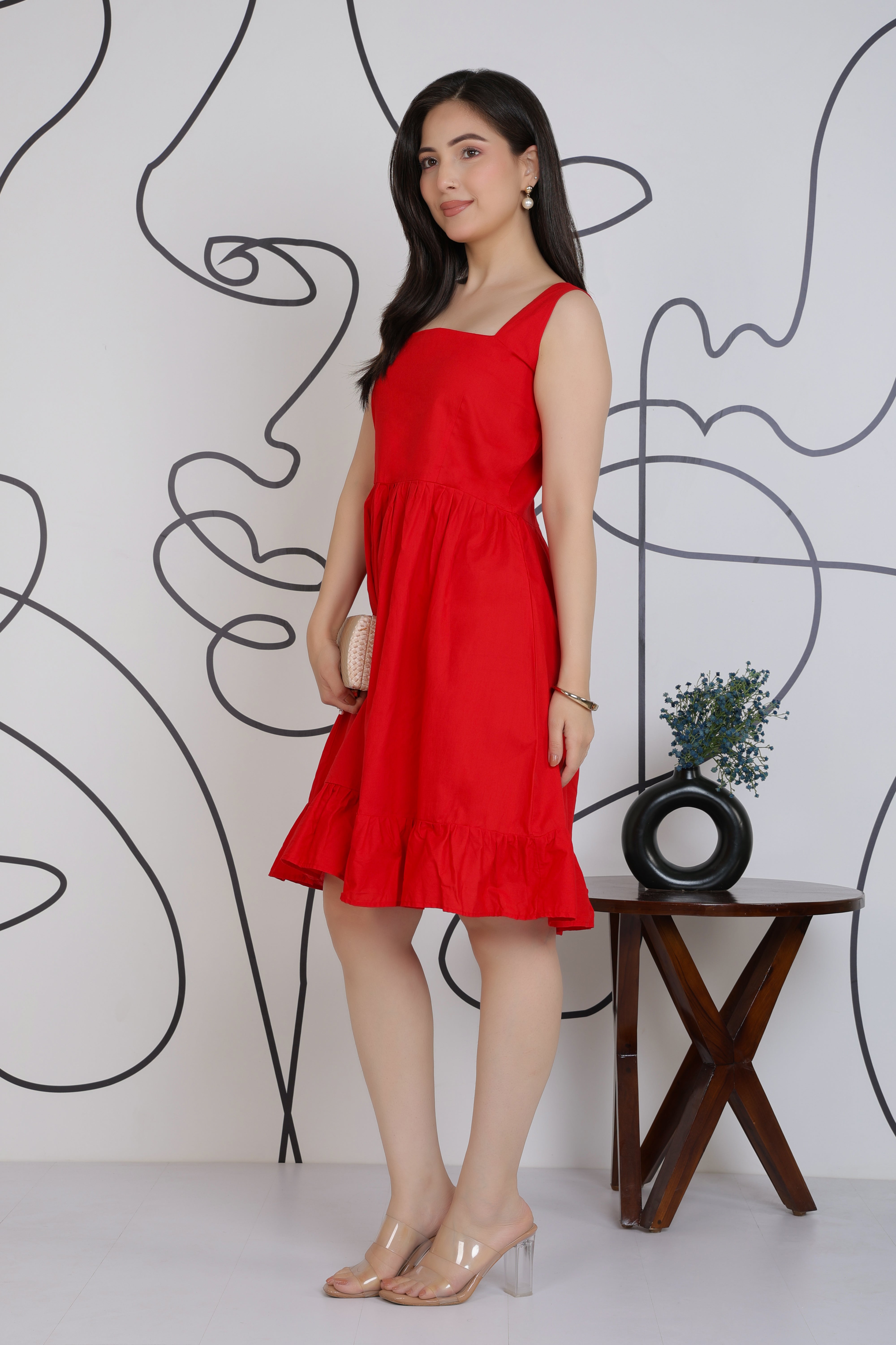 Red square neck strap dress [100% pure cotton]