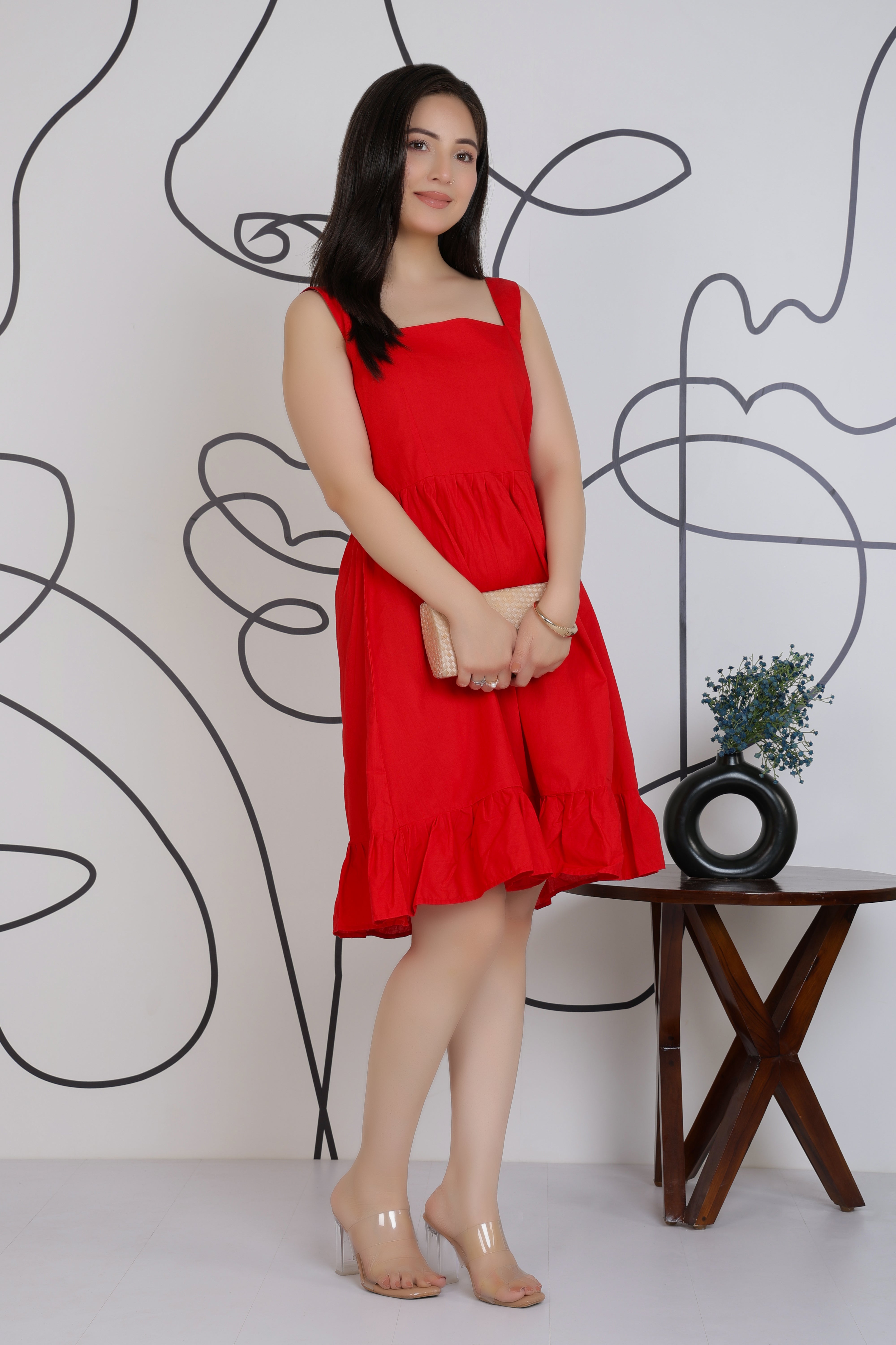 Red square neck strap dress [100% pure cotton]