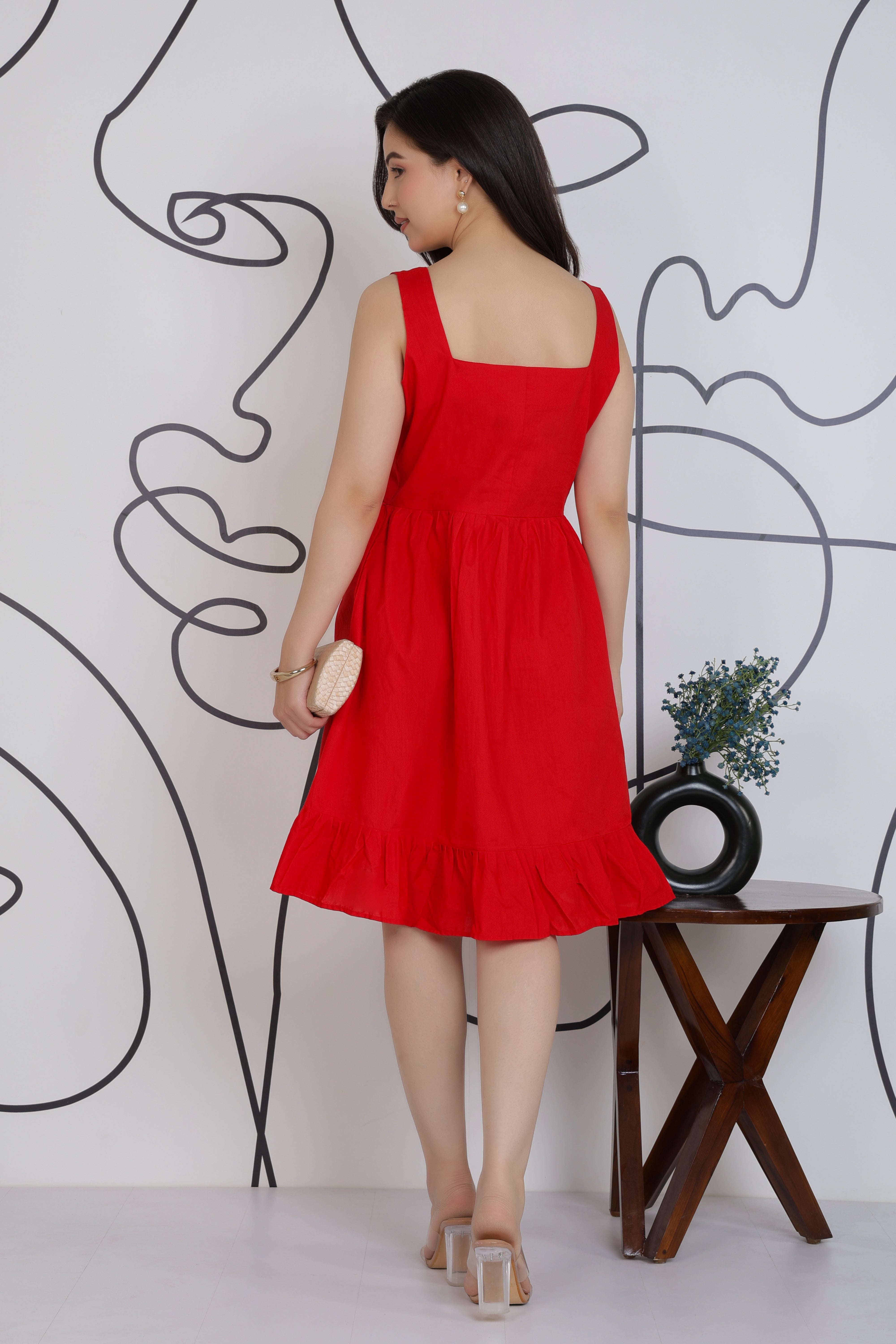 Red square neck strap dress [100% pure cotton]