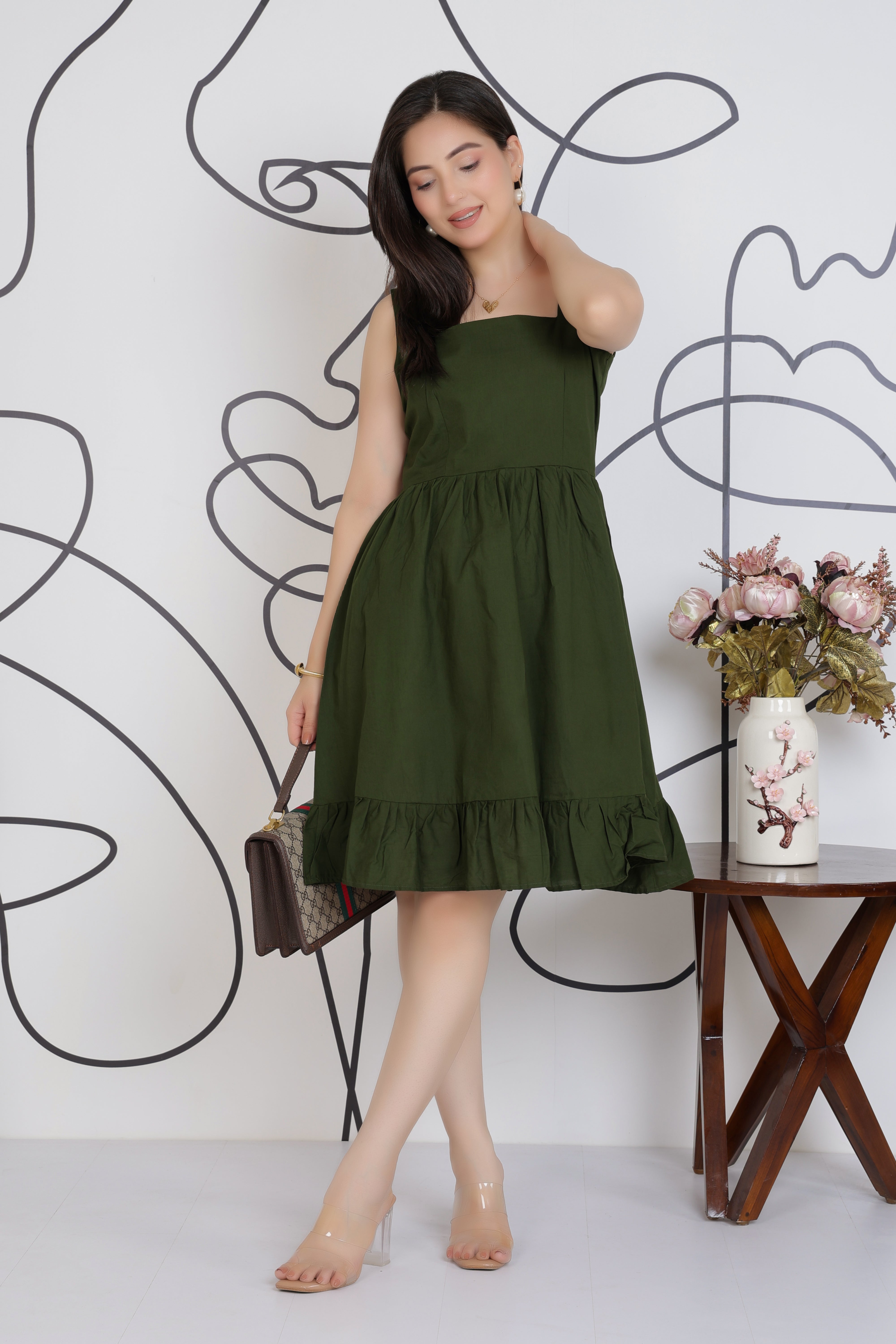 Olive square neck strap dress [100% pure cotton]