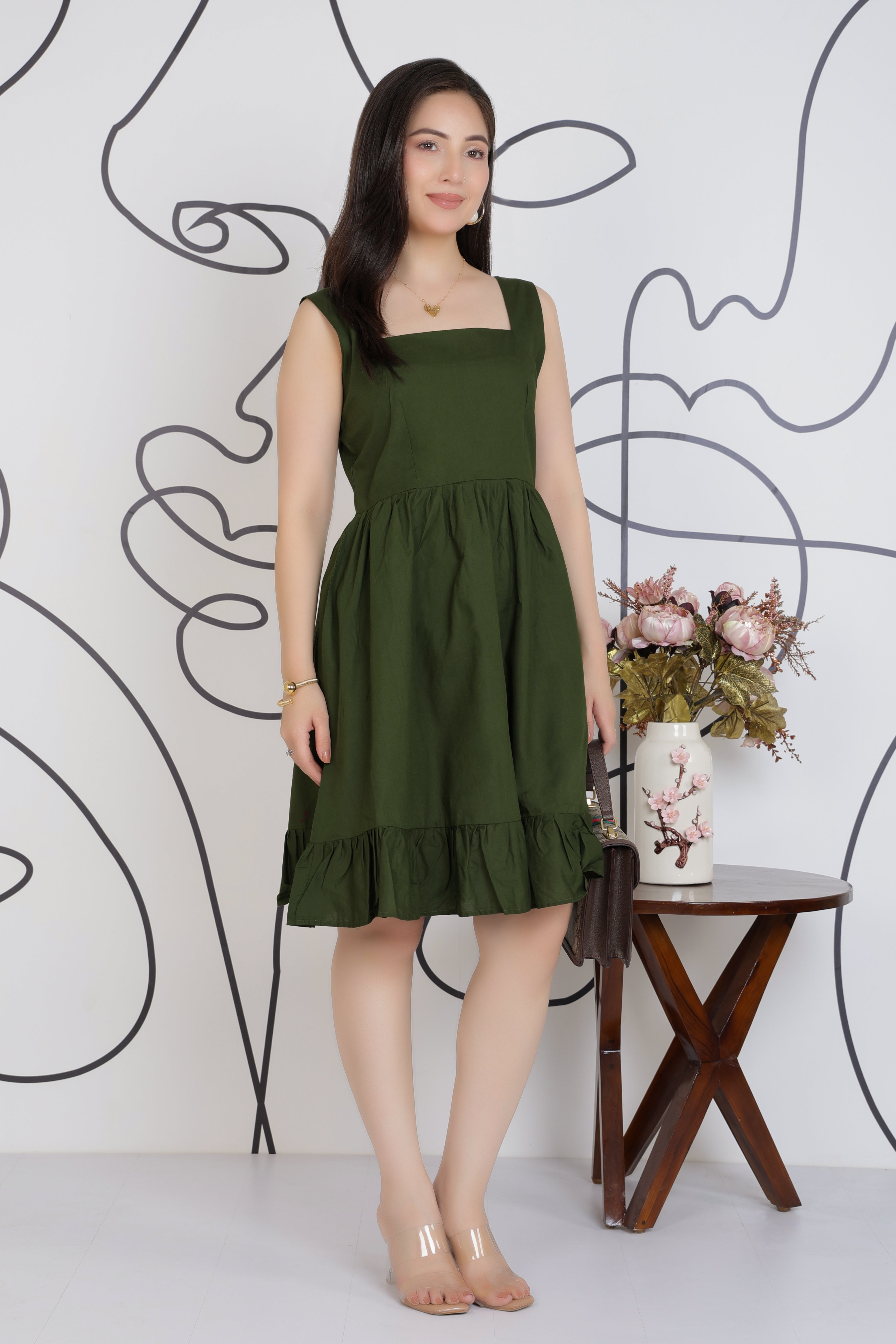 Olive square neck strap dress [100% pure cotton]