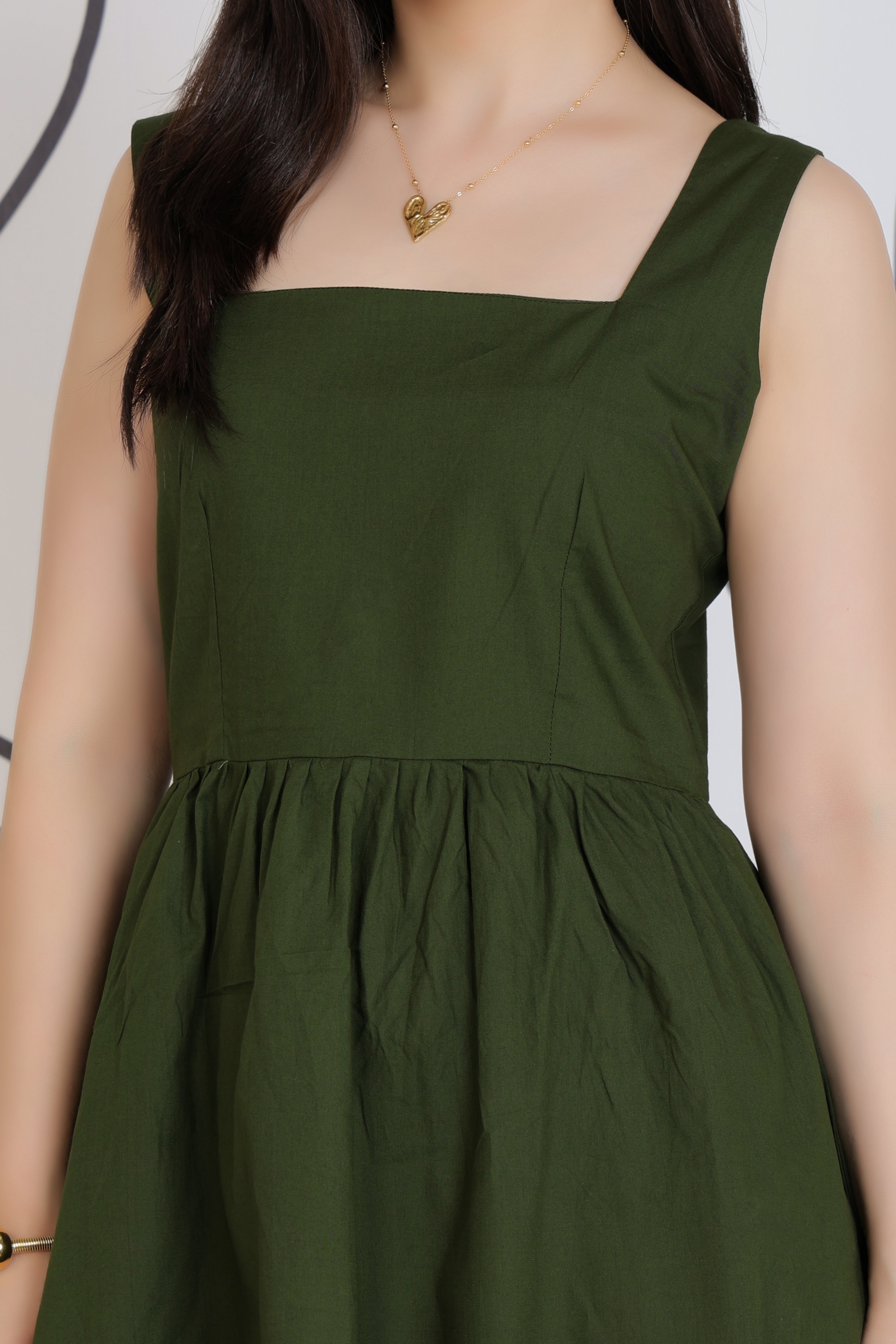 Olive square neck strap dress [100% pure cotton]