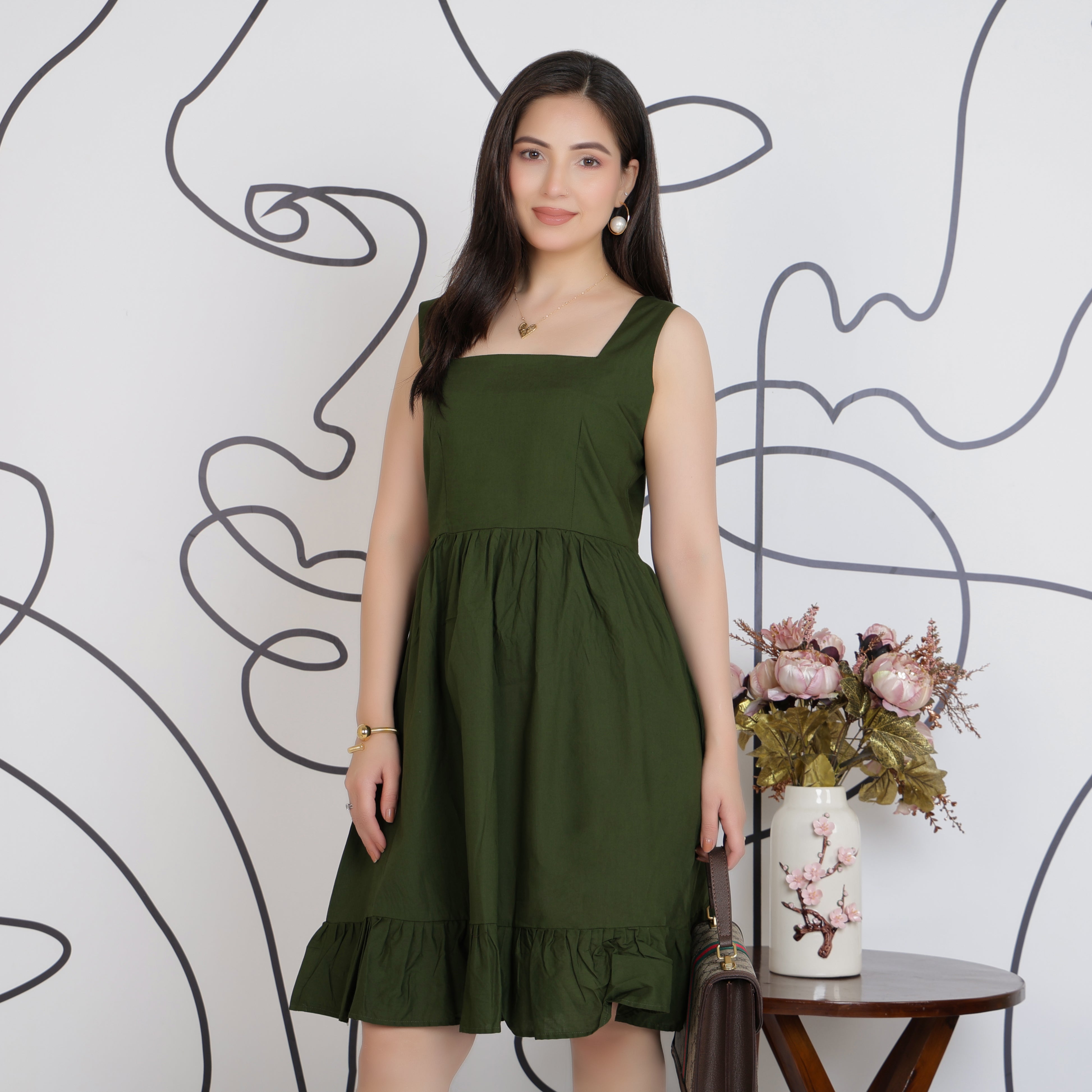 Olive square neck strap dress [100% pure cotton]