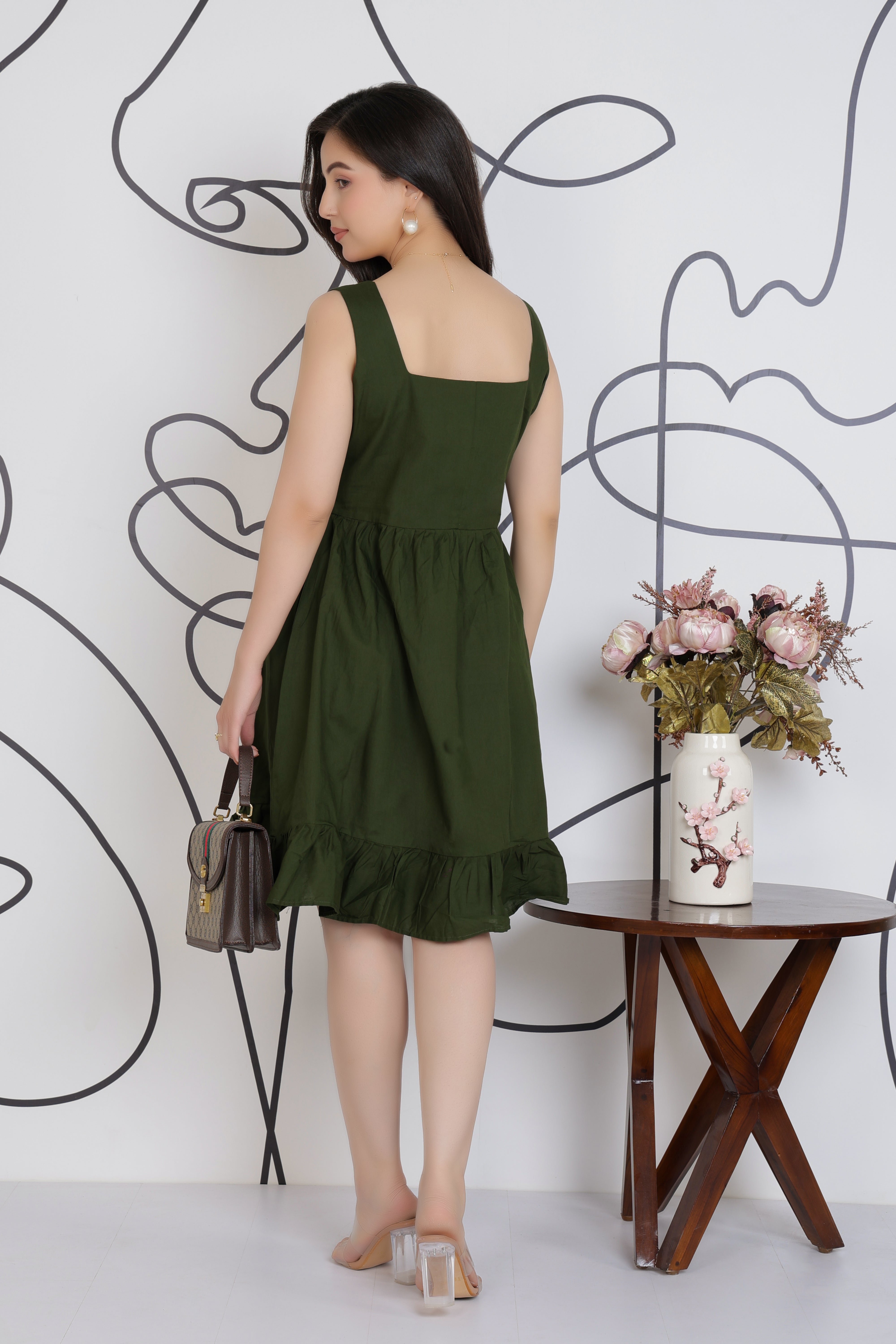 Olive square neck strap dress [100% pure cotton]