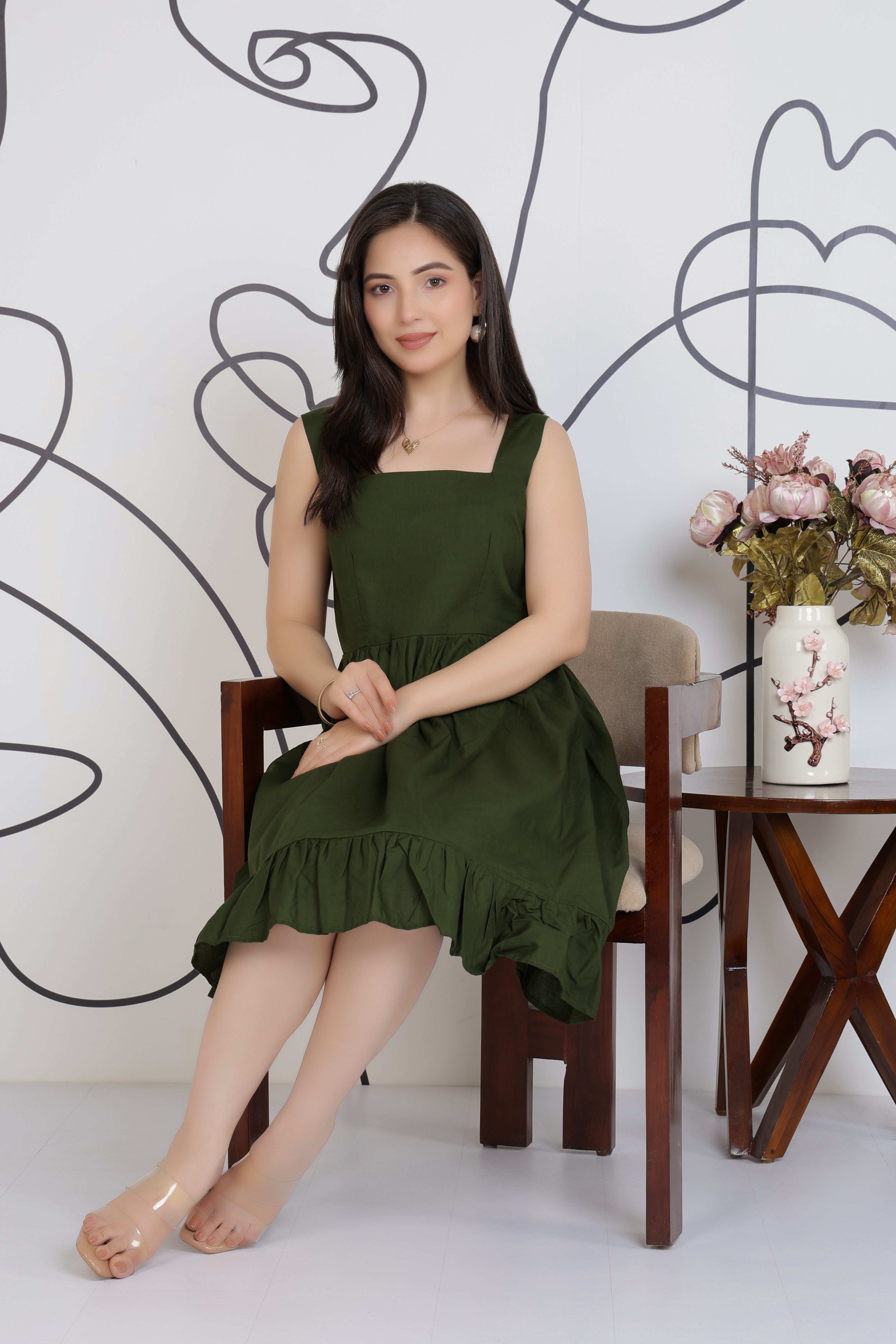 Olive square neck strap dress [100% pure cotton]