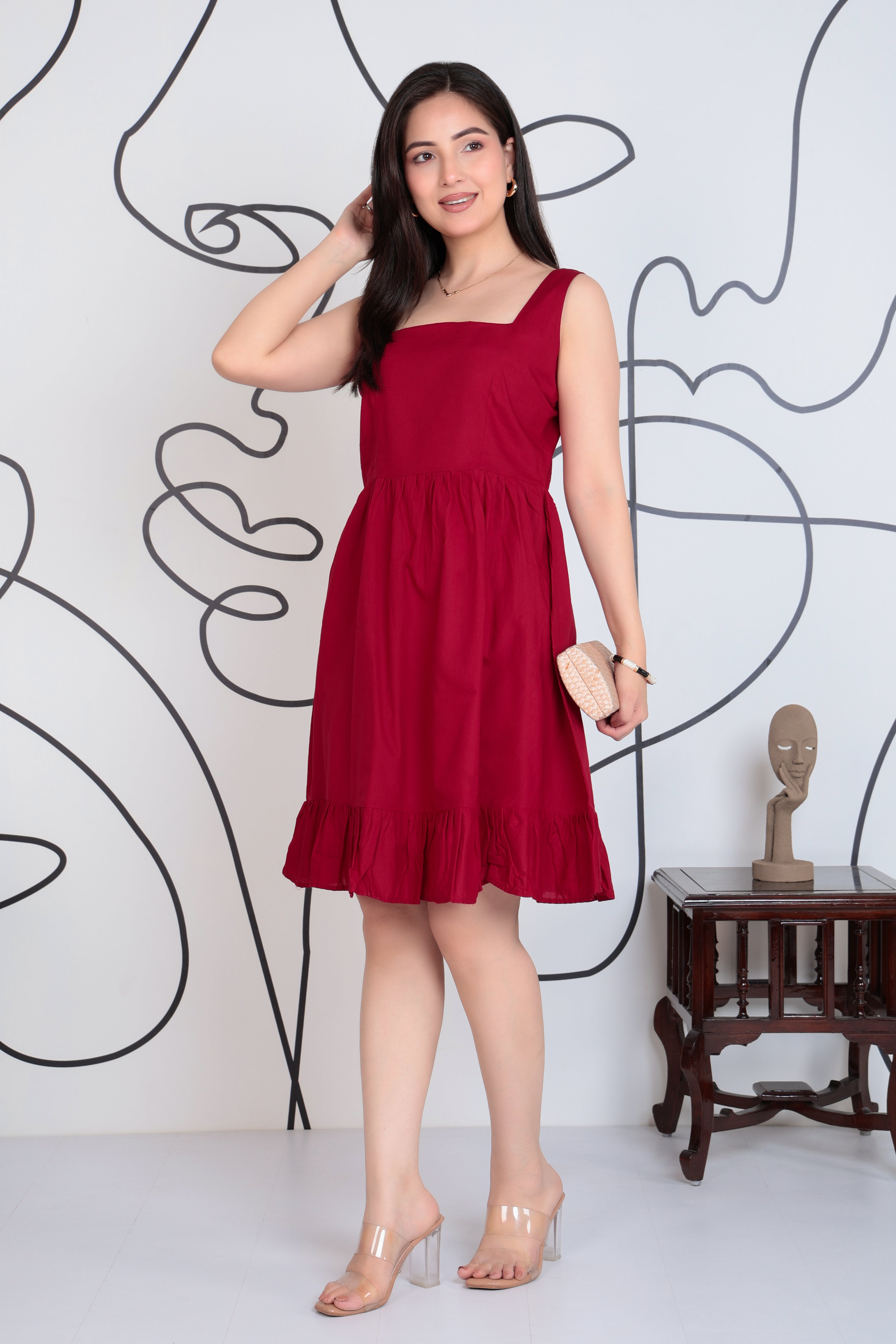 Wine square neck strap dress [100% pure cotton]