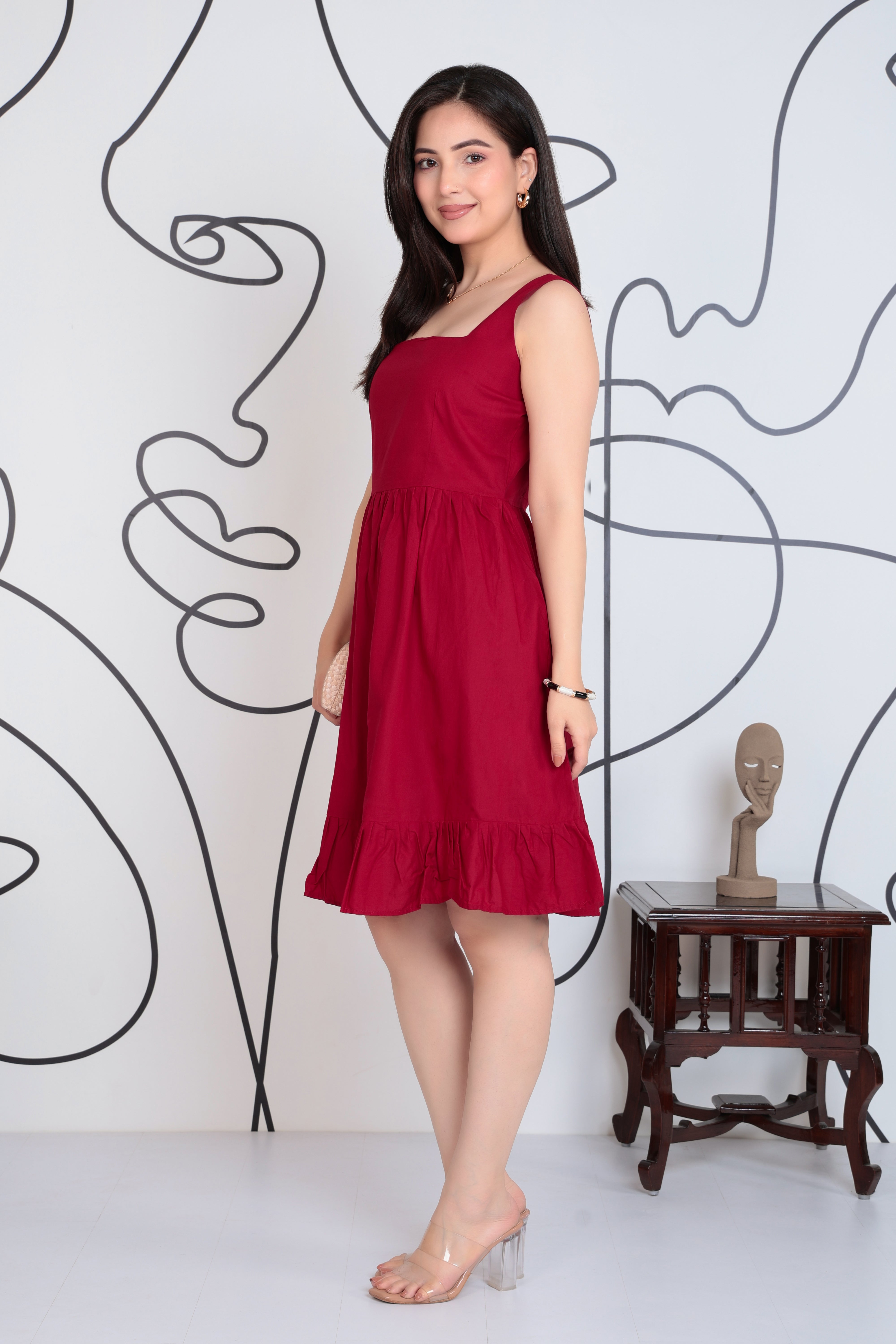 Wine square neck strap dress [100% pure cotton]