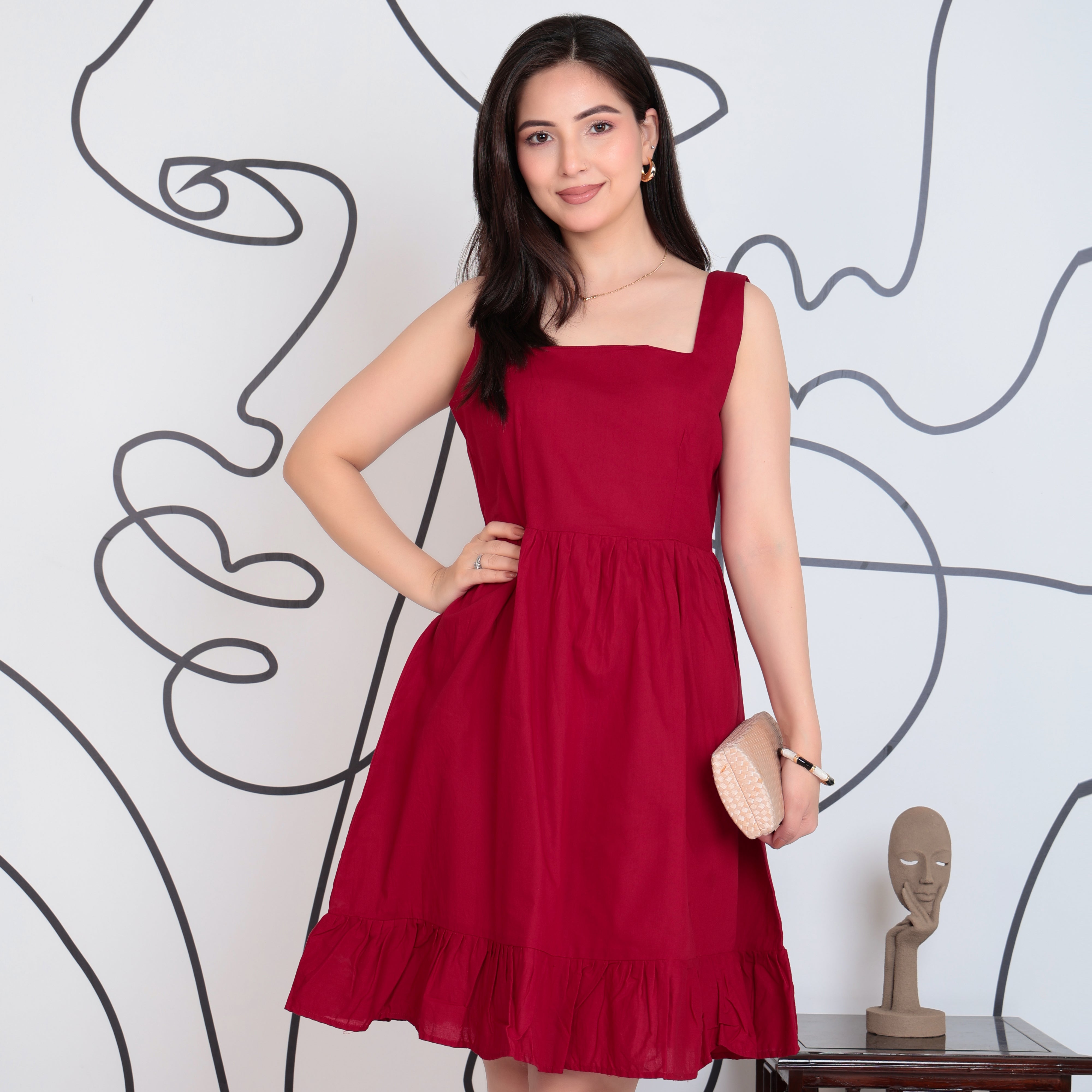 Wine square neck strap dress [100% pure cotton]