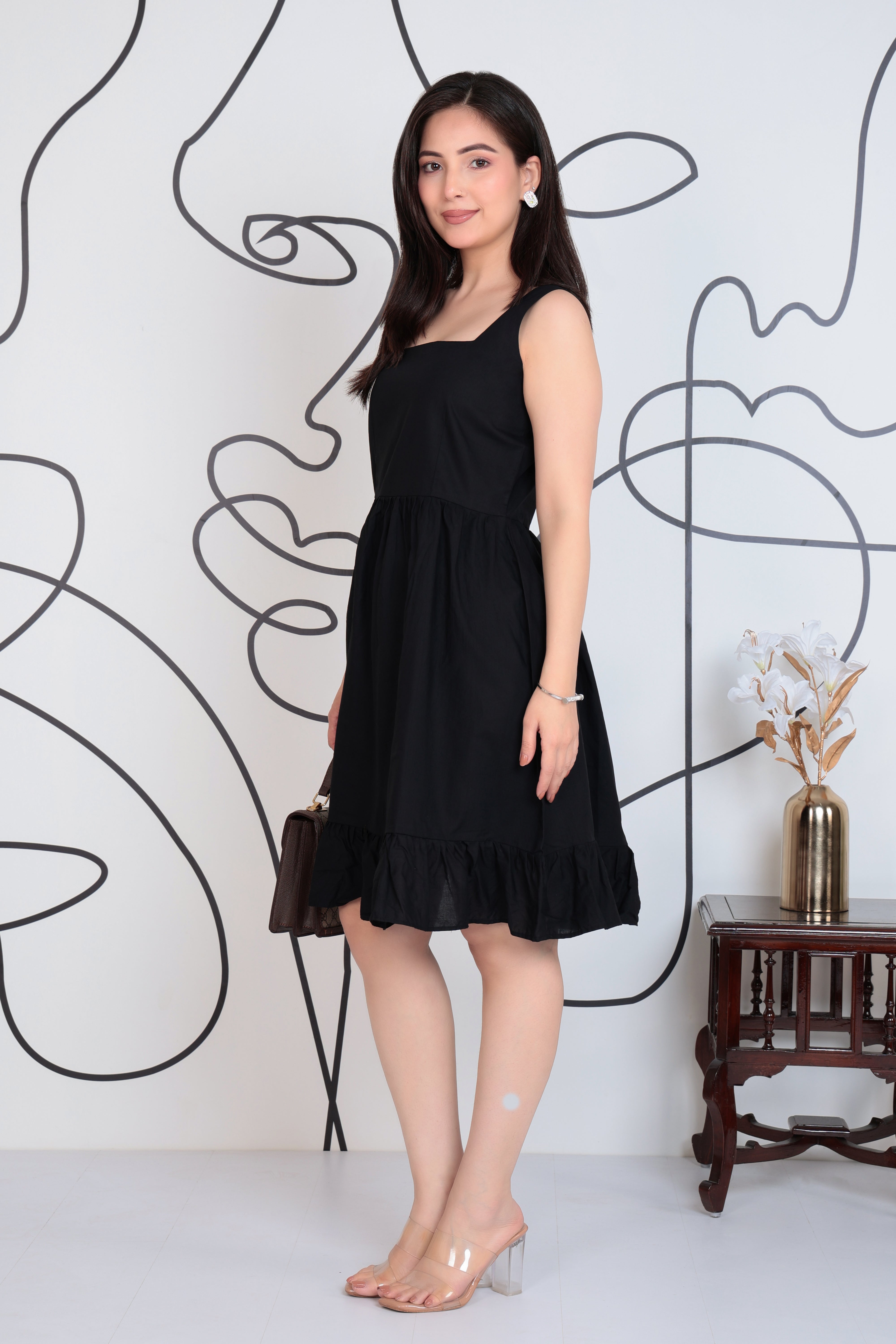 Black square neck strap dress [100% pure cotton]