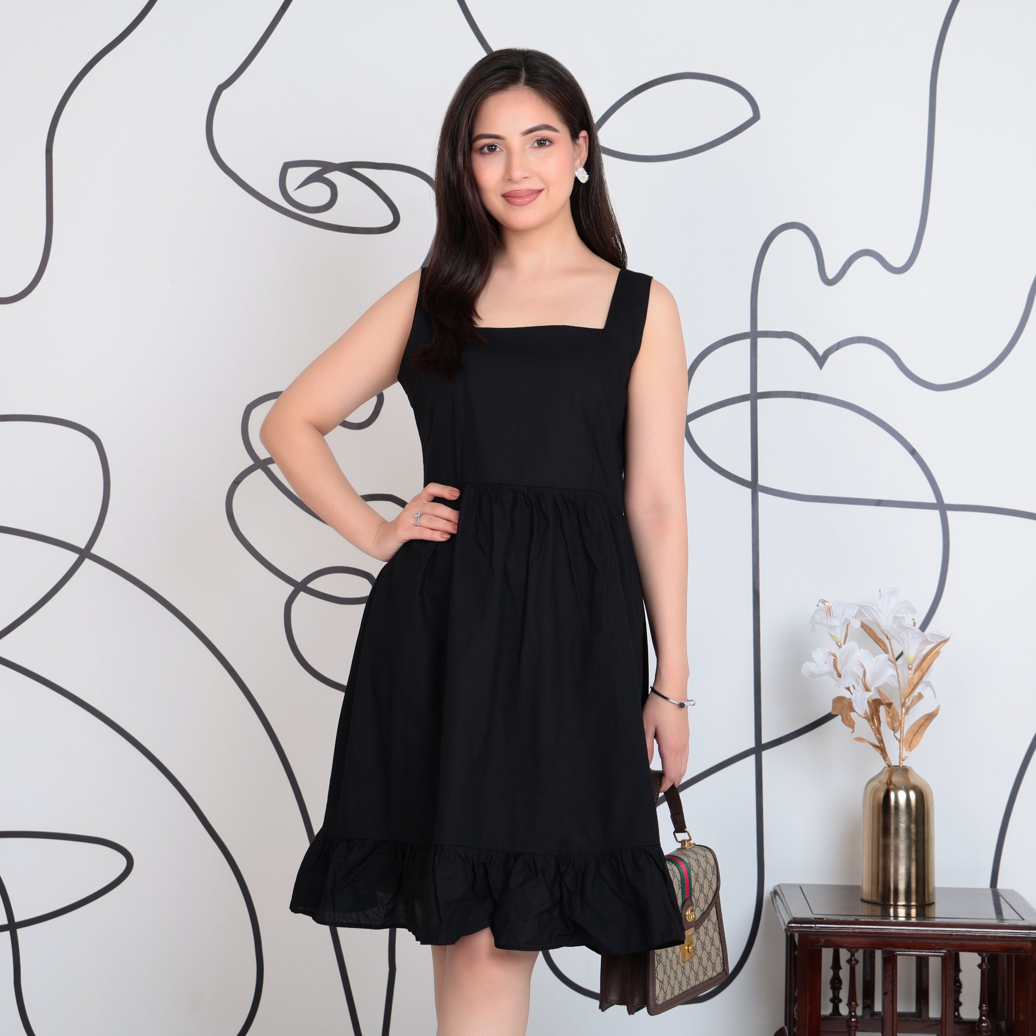 Black square neck strap dress [100% pure cotton]