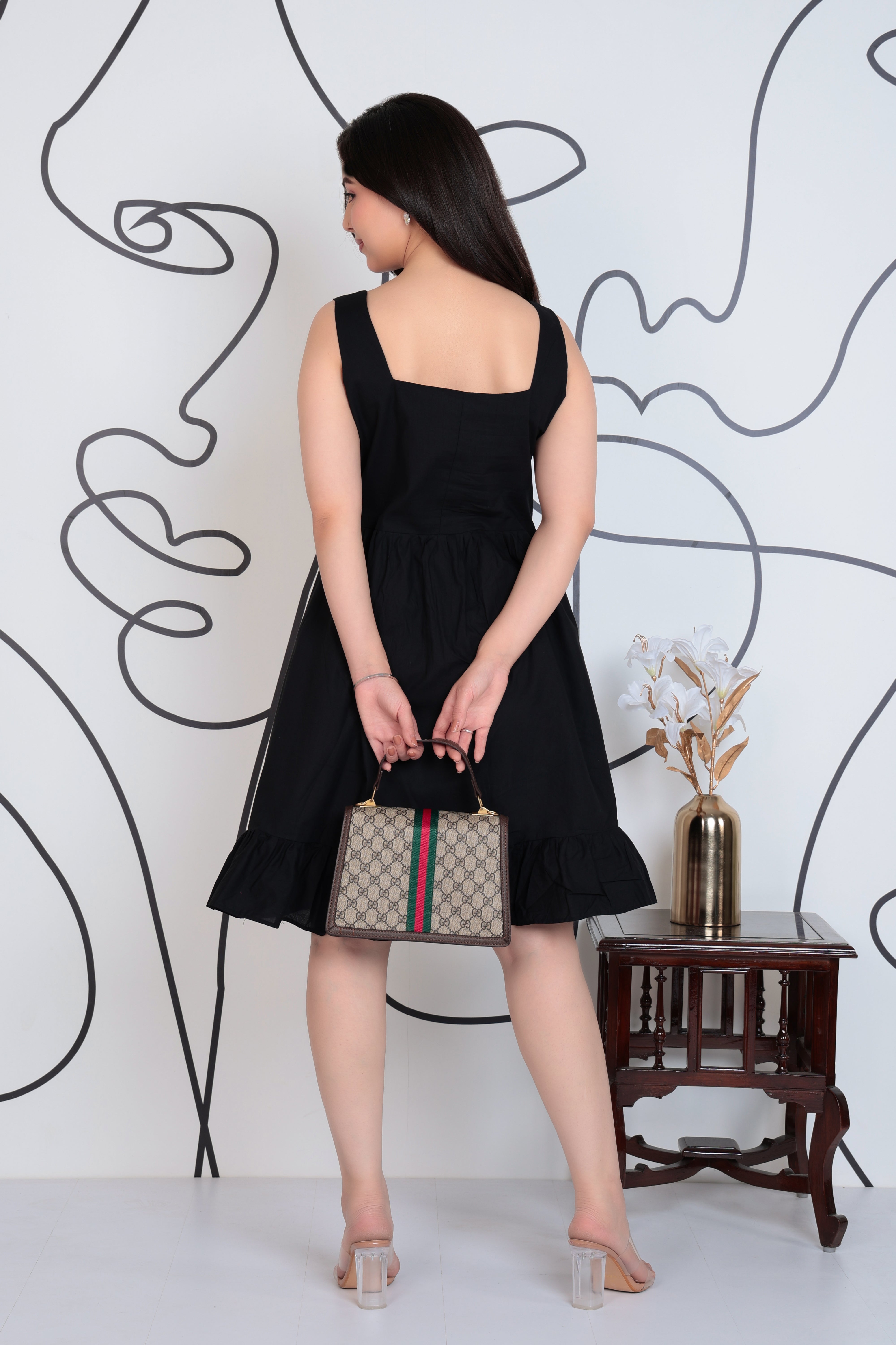 Black square neck strap dress [100% pure cotton]