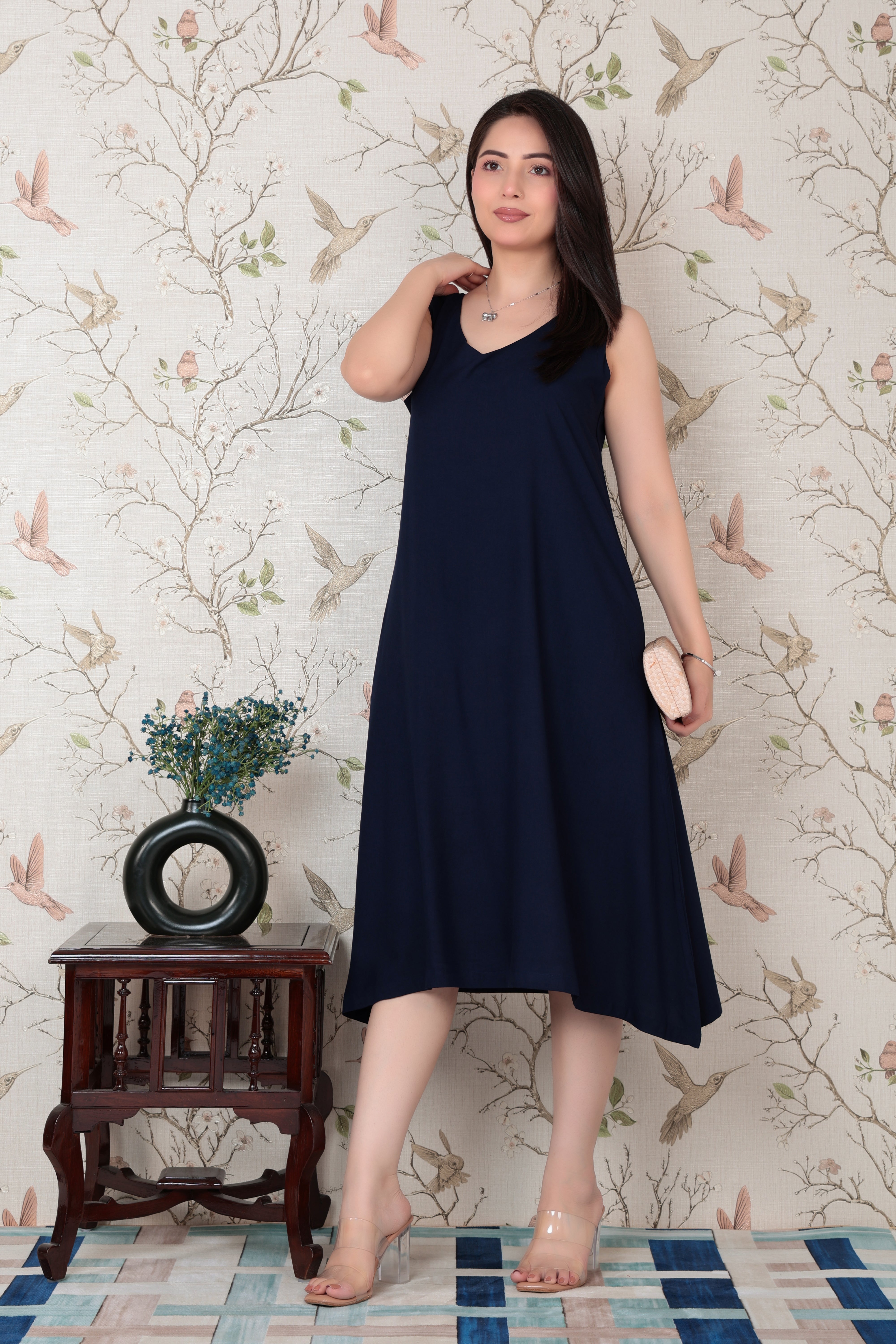 Navy rayon line dress with pocket [ Premium 100% Rayon, Liva Certified ]