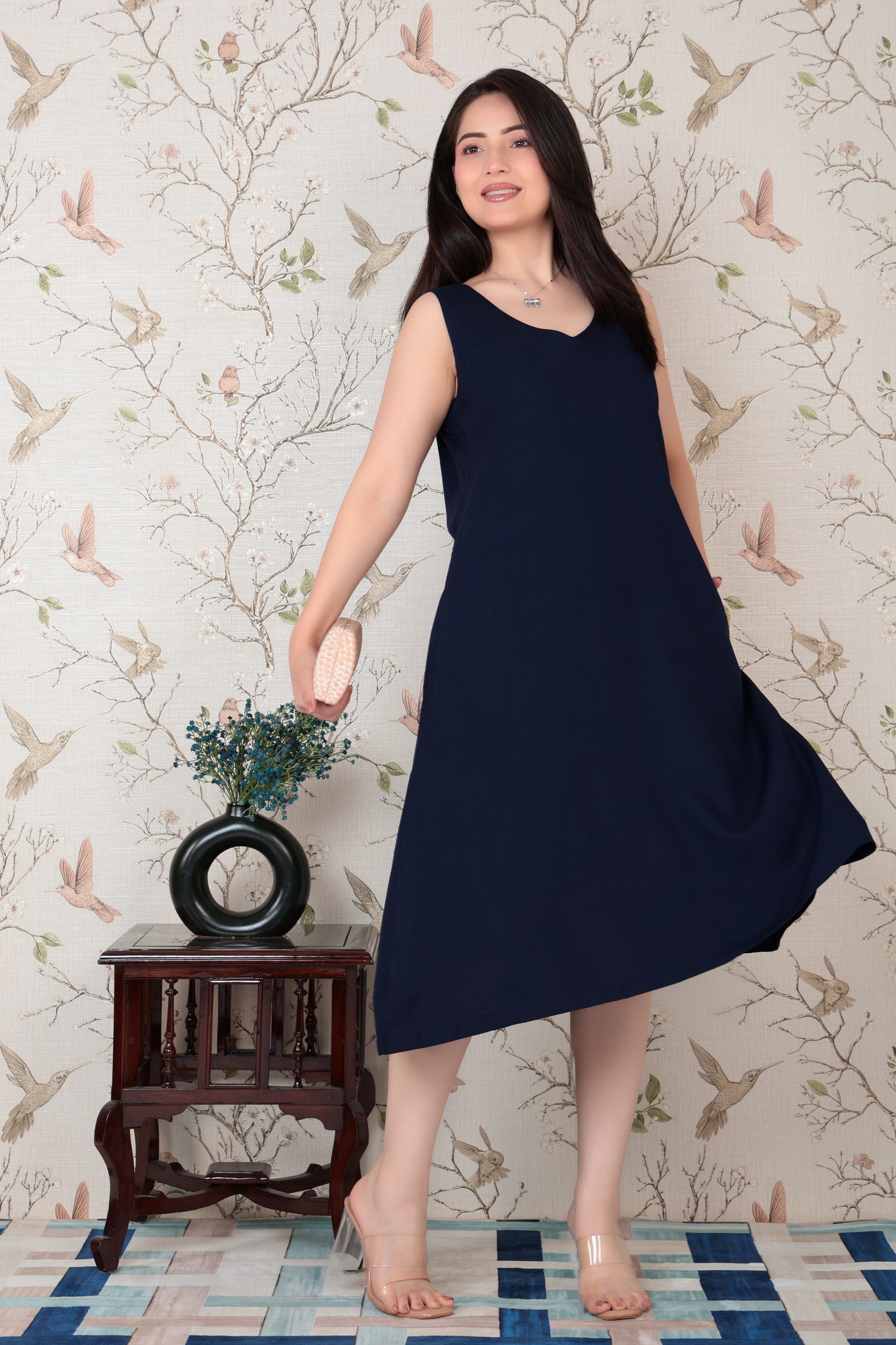 Navy rayon line dress with pocket [ Premium 100% Rayon, Liva Certified ]