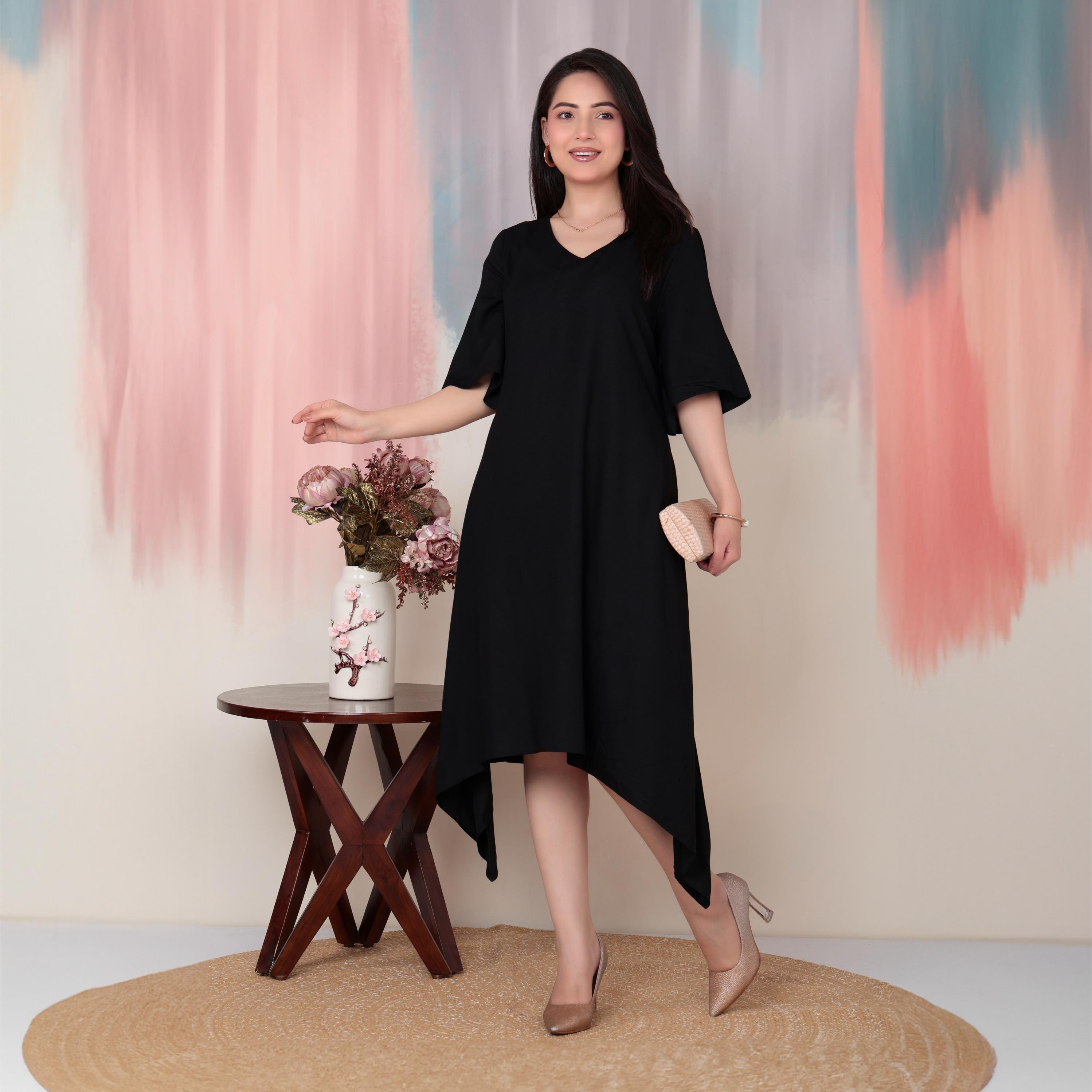 Black v-neck line dress with sleeves [ Premium 100% Rayon, Liva Certified ]