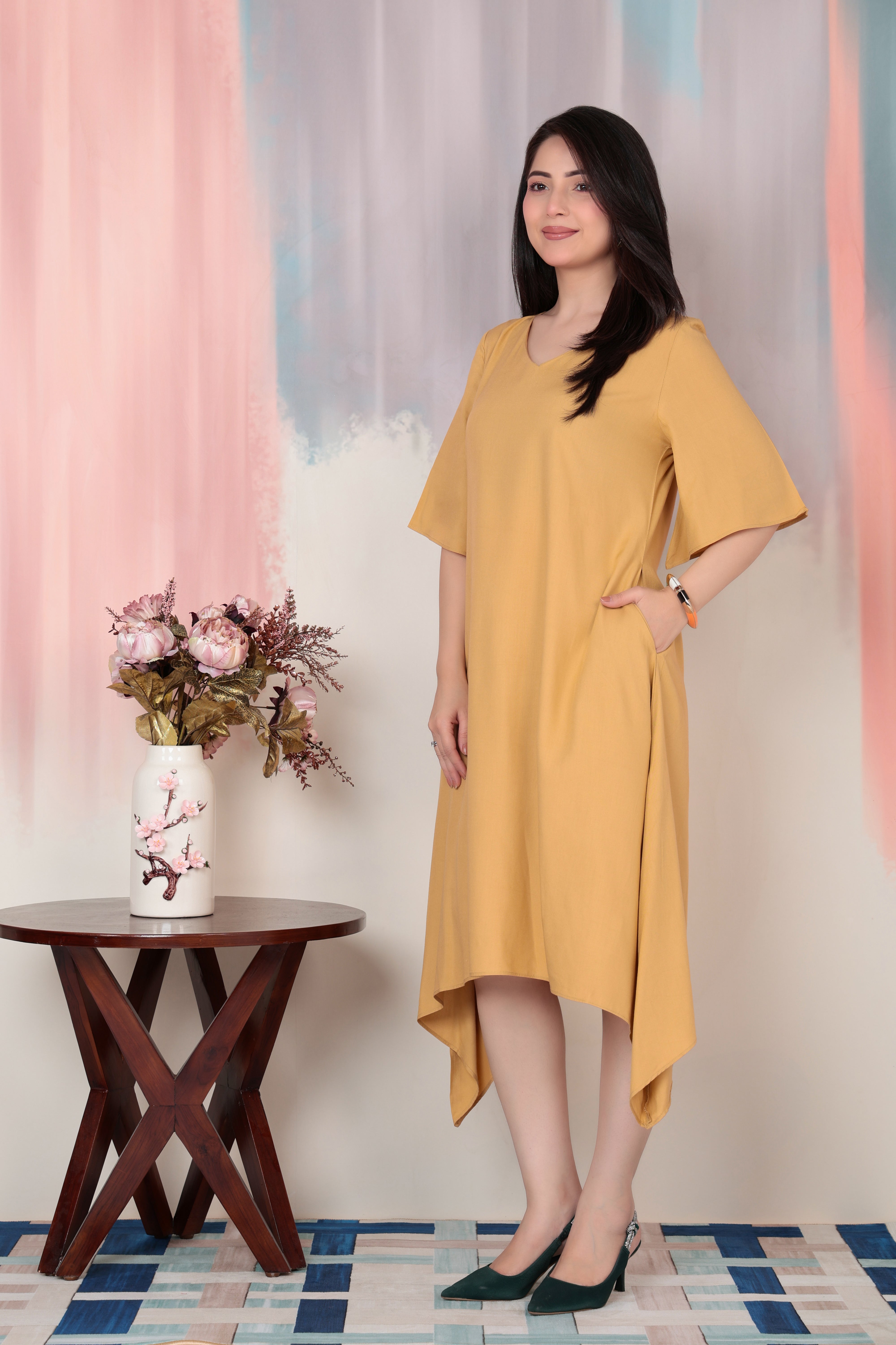 Beige v-neck line dress with sleeves [ Premium 100% Rayon, Liva Certified ]