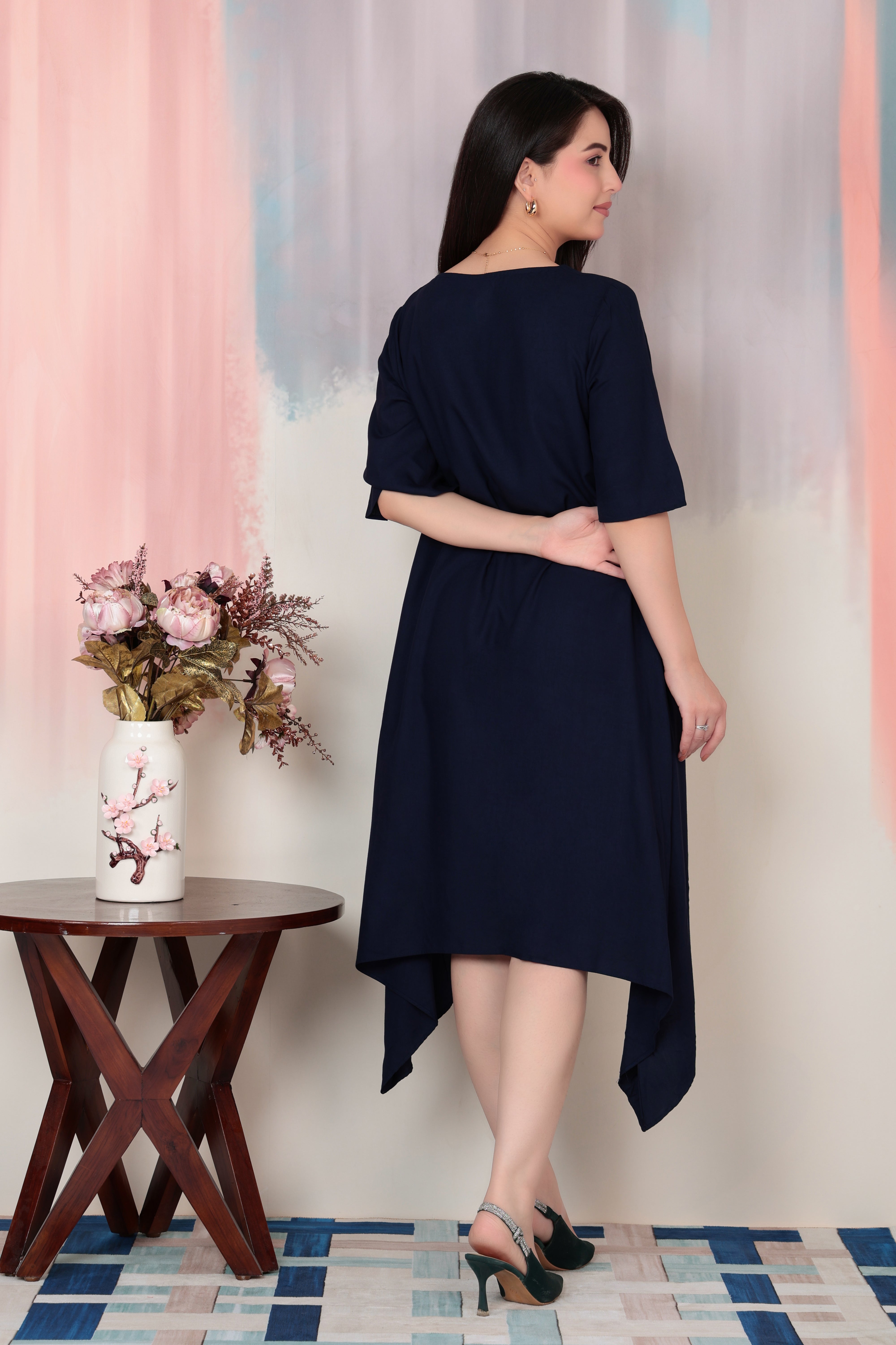 Navy v-neck line dress with sleeves [ Premium 100% Rayon, Liva Certified ]