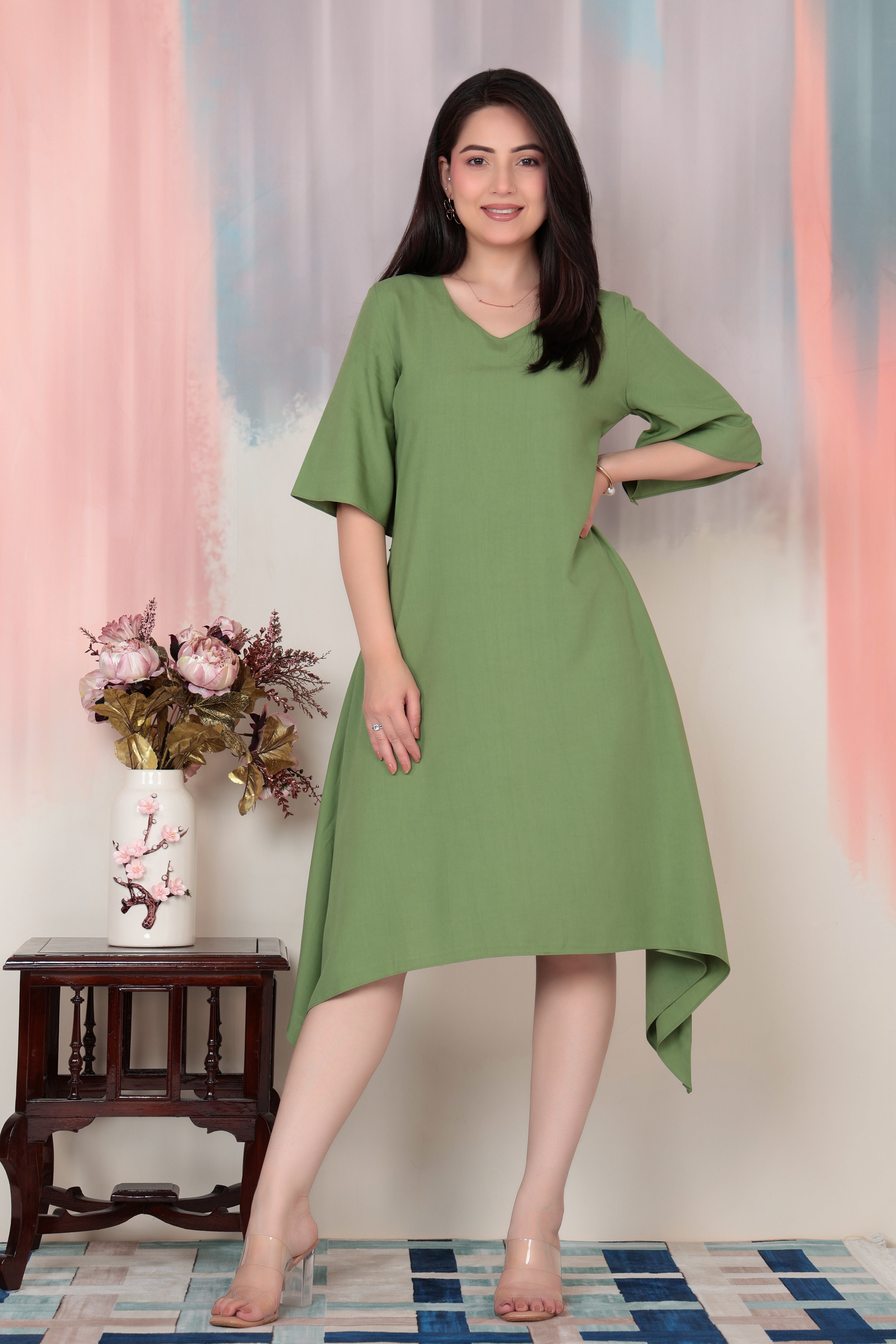 Pista v-neck line dress with sleeves [ Premium 100% Rayon, Liva Certified ]